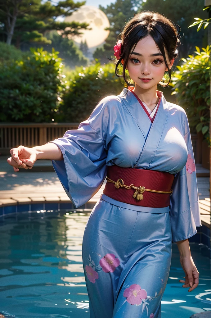 ((highest quality)), ((masterpiece)), wonderful highlights of the upper body, romantic scenery of the steaming onsen town, moist wet and slightly thick thighs, colorful hair, fluffy yukata, beautiful buttocks sticking out, burning in embarrassing poses
