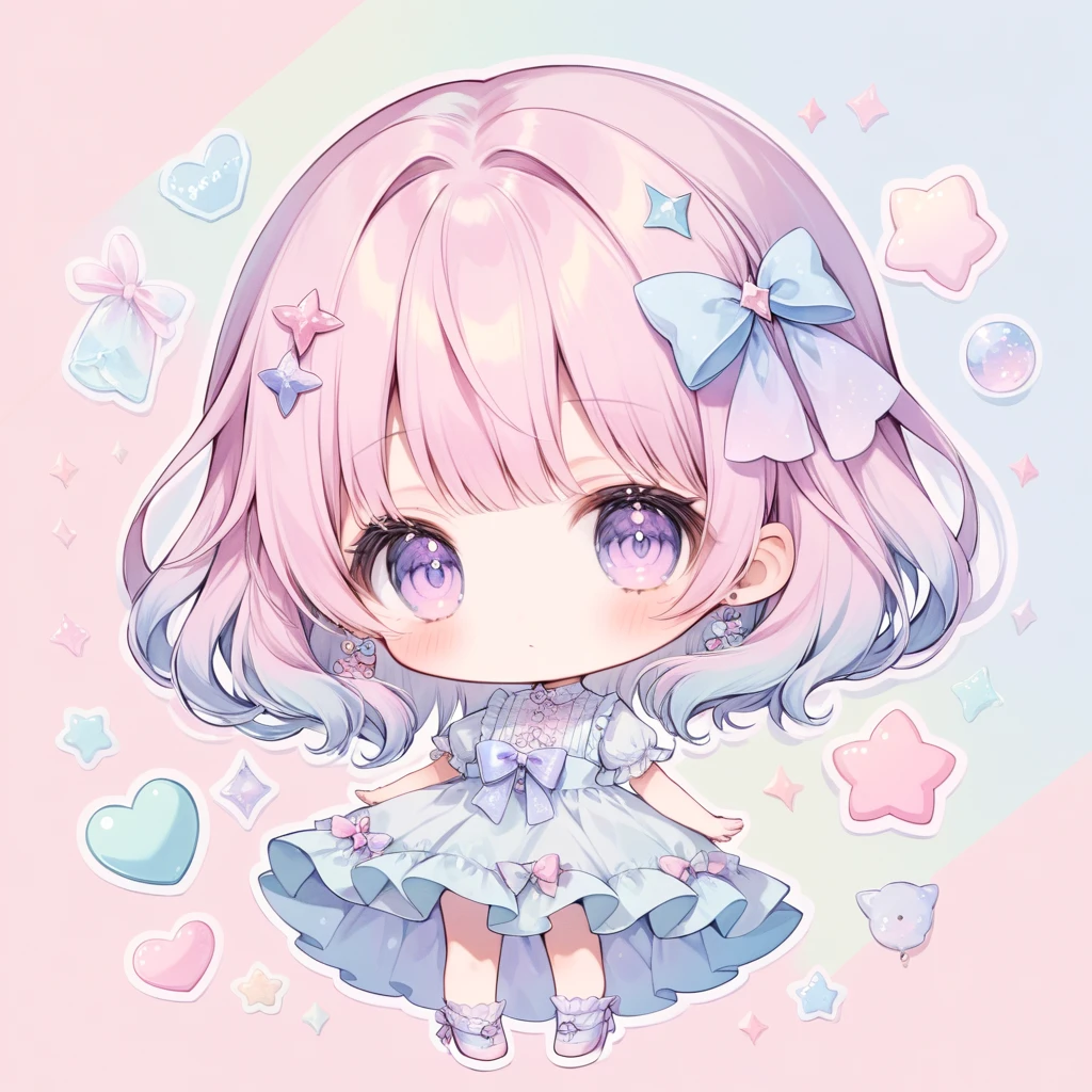 pastel colors, chibi,  witch, 1girl, cute chibi, pretty details, cute dress, pretty details, hair accessories , pink 