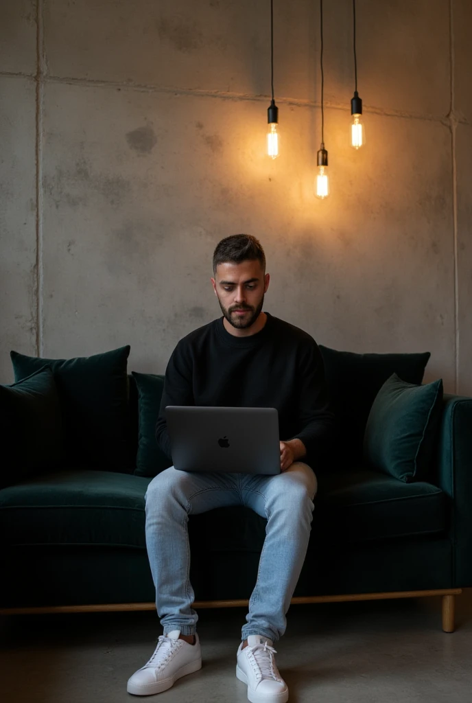 Masterpiece:1.3), (8K, Photorealistic, RAW photo, Best Quality: 1.4)A stylish, industrial-inspired lounge where a young man sits on a black sofa, absorbed in his black space grey colour MacBook pro. Hair: The hair is short, styled short on the sides and longer on top. The color is a natural dark brown base with subtle hints of lighter brown or warm undertones in the lighting. Beard: The beard is well-groomed and matches the hair color with a dark brown tone, slightly darker than the hair on the head due to its density. There are faint warmer undertones around the jawline and mustache, which add natural definition to the face. The beard is consistent in tone, appearing clean and uniform, complementing the overall hairstyle. Together, the cohesive dark brown tones of the hair and beard create a polished and modern appearance, with a natural warmth that enhances his features.. The room features textured grey concrete walls, creating a unique modern art backdrop. Above him, two exposed filament pendant lights hang, casting warm, atmospheric light that highlights the aged texture of the sofa and the subtle velvet pillows. His outfit0oversized black crewneck sweatshirt and light blue jeans, and white sneakers—adds a clean, contemporary touch to the retro setting. Details: Lighting: Warm and ambient, creating soft shadows and a moody atmosphere. Camera Angle: Wide shot, slightly tilted to emphasize the lines of the wall and subject’s posture. Mood: Cozy, stylish, and industrial. Color Palette: Warm earth tones – browns, grays, copper, and deep green. Artistic Style: Interior photography with a focus on industrial design and minimalistic fashion. Depth of Field: Shallow (sharp focus on subject and immediate surroundings, subtly blurred edges).