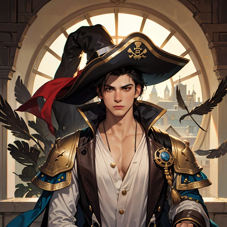 A portrait of young pirate man with soft tanned skin, detalhed face without beard , pirate ,with pirate leather hat and pirate chothes,  white shirt until the elbow,., carring a gun ,Lightly combed short hair.,  high resolution,  best quality , detail,  super detail ,  Lips slightly separated,  Brow furrow /frowning look, . With a beautiful papagaio next to him. , and faroest sand on the ground with windy and stones ,  with indium feathers tied in black hair ,  and soft image , best quality,soft skin.  Art by Greg Rutkowsk . And thick arms and soft. Soft SoftRubor , Portrait of a man, 1 boy, Alone, standing quietly, hero, a hero never seen before, jaws , eyes, epic, beautiful, prince, warrior,  silver armor,  hyper-detailed 3D matte painting ,  panoramic cinemascope ,  awe-inspiring , landscape,  natural skin texture ,   sharp focus, (( cinematic visual )),  insane details ,  intricate details, arte por greg rutkowski e por caravaggio e por alphonse mucha,  Analog style , castle, inside a castle, calm atmosphere,