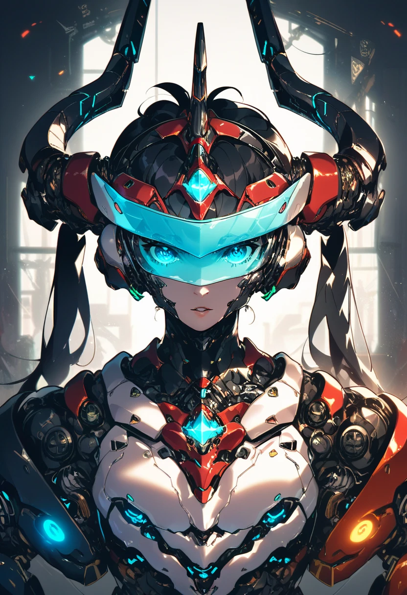 1girl, black mecha, black mechanical arms, mechanical legs, mechanical eyes, black eyes, glowing black hair, in room, dark room, rgb lighting, upper body, looking up at viewer, curved horns, visor, mechanical head,