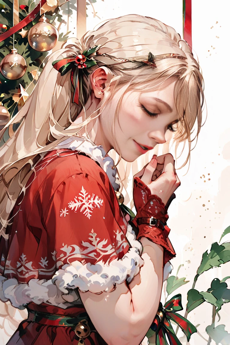  romantic atmosphere ,  Very detailed,  high resolution , ​masterpiece, Sharp focus,  Official Art , Christmas, woman, half body, SFW, happy 