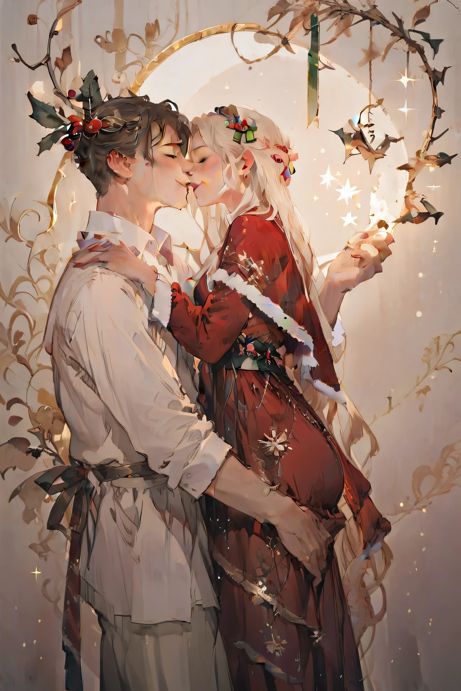  romantic atmosphere ,  Very detailed,  high resolution , ​masterpiece, Sharp focus,  Official Art , Christmas,couple, man and woman, SFW, happy 