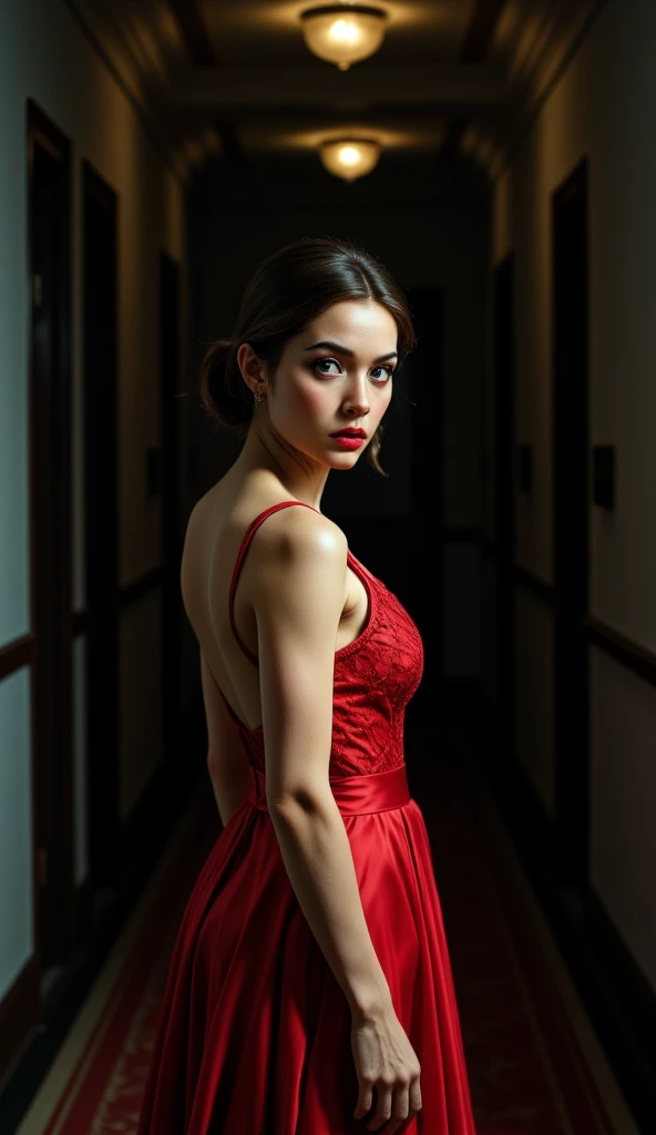 A young woman with a nervous expression, wearing an elegant red gala dress. She is in a dark corridor ,  looking over the shoulder , as if she was being watched. The background should be blurred, creating a dark and tense environment,  with a soft light illuminating Your face ."

