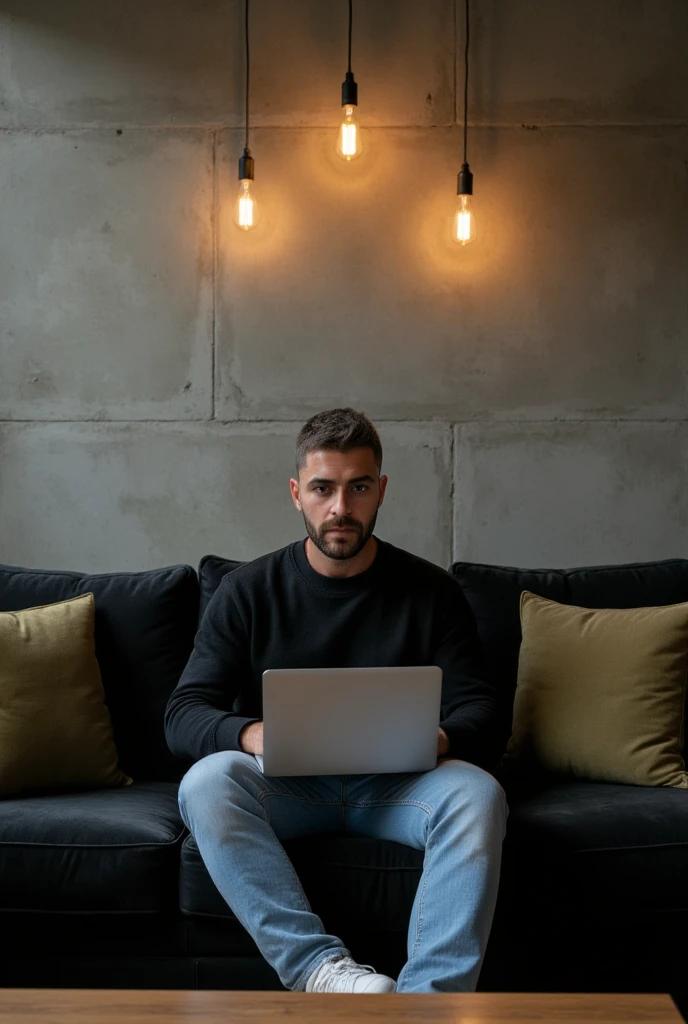 Masterpiece:1.3), (8K, Photorealistic, RAW photo, Best Quality: 1.4)A stylish, industrial-inspired lounge where a young man sits on a black sofa, absorbed in his black space grey colour MacBook pro. Hair: The hair is short, styled short on the sides and longer on top. The color is a natural dark brown base with subtle hints of lighter brown or warm undertones in the lighting. Beard: The beard is well-groomed and matches the hair color with a dark brown tone, slightly darker than the hair on the head due to its density. There are faint warmer undertones around the jawline and mustache, which add natural definition to the face. The beard is consistent in tone, appearing clean and uniform, complementing the overall hairstyle. Together, the cohesive dark brown tones of the hair and beard create a polished and modern appearance, with a natural warmth that enhances his features.. The room features textured grey concrete walls, creating a unique modern art backdrop. Above him, two exposed filament pendant lights hang, casting warm, atmospheric light that highlights the aged texture of the sofa and the subtle velvet pillows. His outfit0oversized black crewneck sweatshirt and light blue jeans, and white sneakers—adds a clean, contemporary touch to the retro setting. Details: Lighting: Warm and ambient, creating soft shadows and a moody atmosphere. Camera Angle: Wide shot, slightly tilted to emphasize the lines of the wall and subject’s posture. Mood: Cozy, stylish, and industrial. Color Palette: Warm earth tones – browns, grays, copper, and deep green. Artistic Style: Interior photography with a focus on industrial design and minimalistic fashion. Depth of Field: Shallow (sharp focus on subject and immediate surroundings, subtly blurred edges).