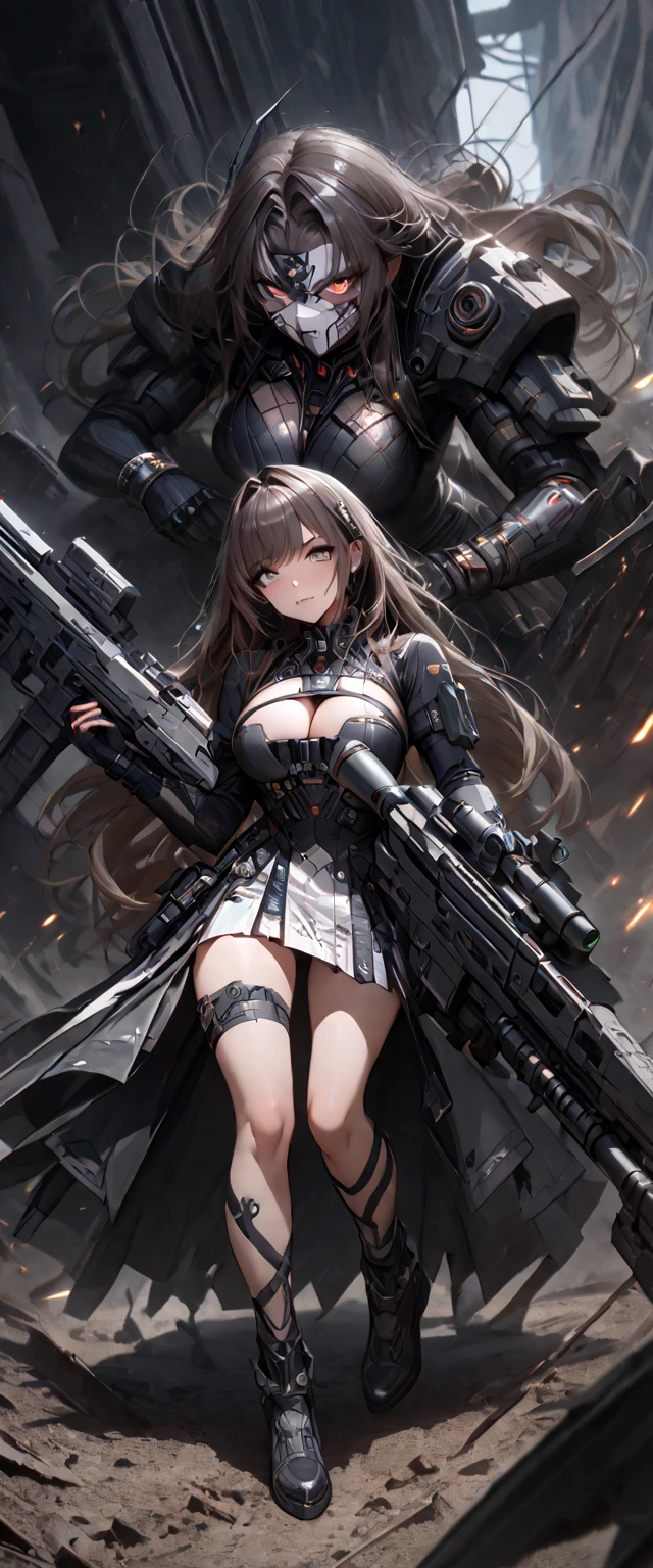 1girl, solo, silver hair, long hair, twintail, large breasts, black armor, metal suit, robotic, blue eyes, cleavage 1:3, war, guns, tanks, fire, explosion, aircraft, monster, grin, looking at the viewer, hand on hip, standng, hair ribbon