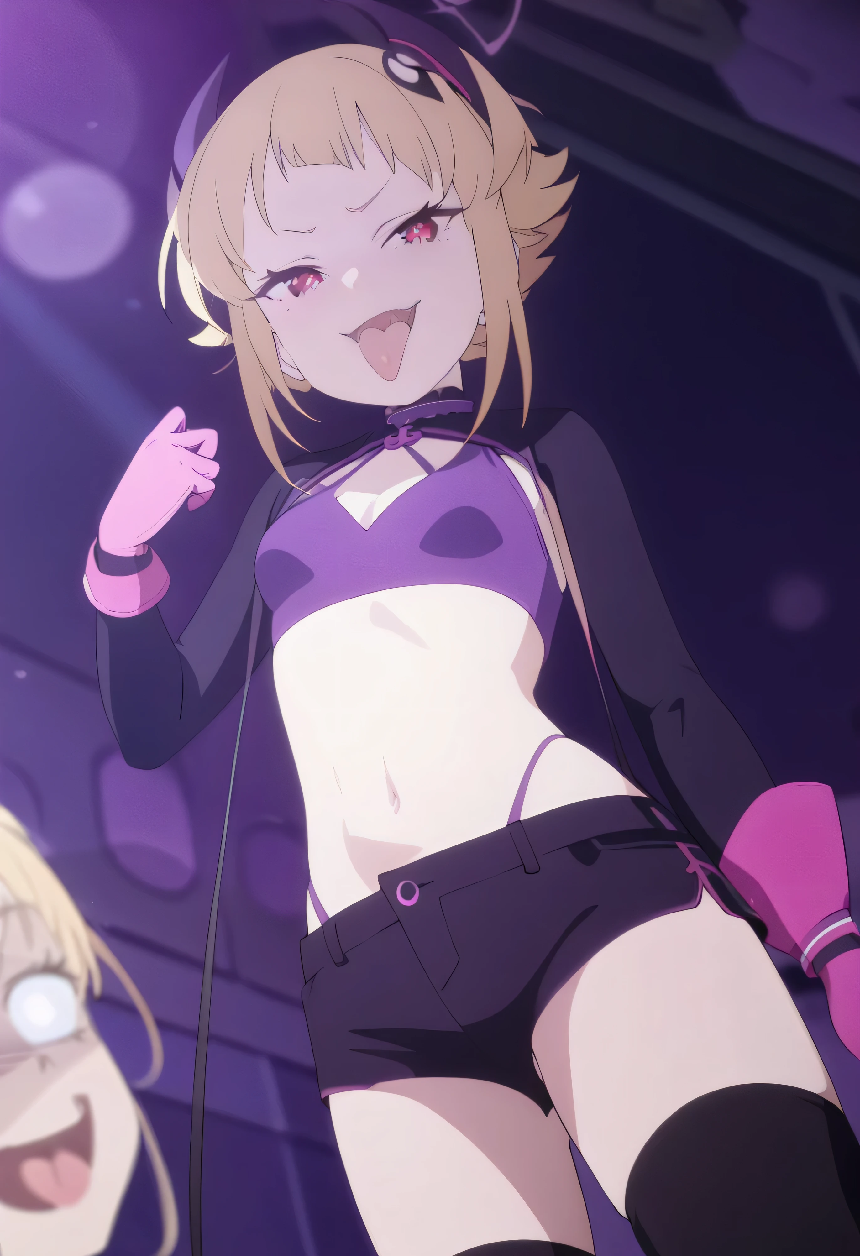 masterpiece, best quality, good quality, newest, CEL, AnFit, red eyes, blonde hair, purple crop top, 1girl, tongue out, black thighhighs, looking at viewer, purple gloves, cowboy shot, short shorts, black shorts, small breasts, highleg panties, hair ornament, purple background, underwear, hand up, panty straps, smile, cleavage cutout, simple background, open mouth, purple panties, two-tone background, pink gloves, sidelocks, outline1girl, blonde hair,masterpiece , best quality, , lookin under, ,, smile, purple brassiere, from below,evil laugh, **********,********li,beautiful body,villain pose,short hair,shaded face(eyes in shadow)