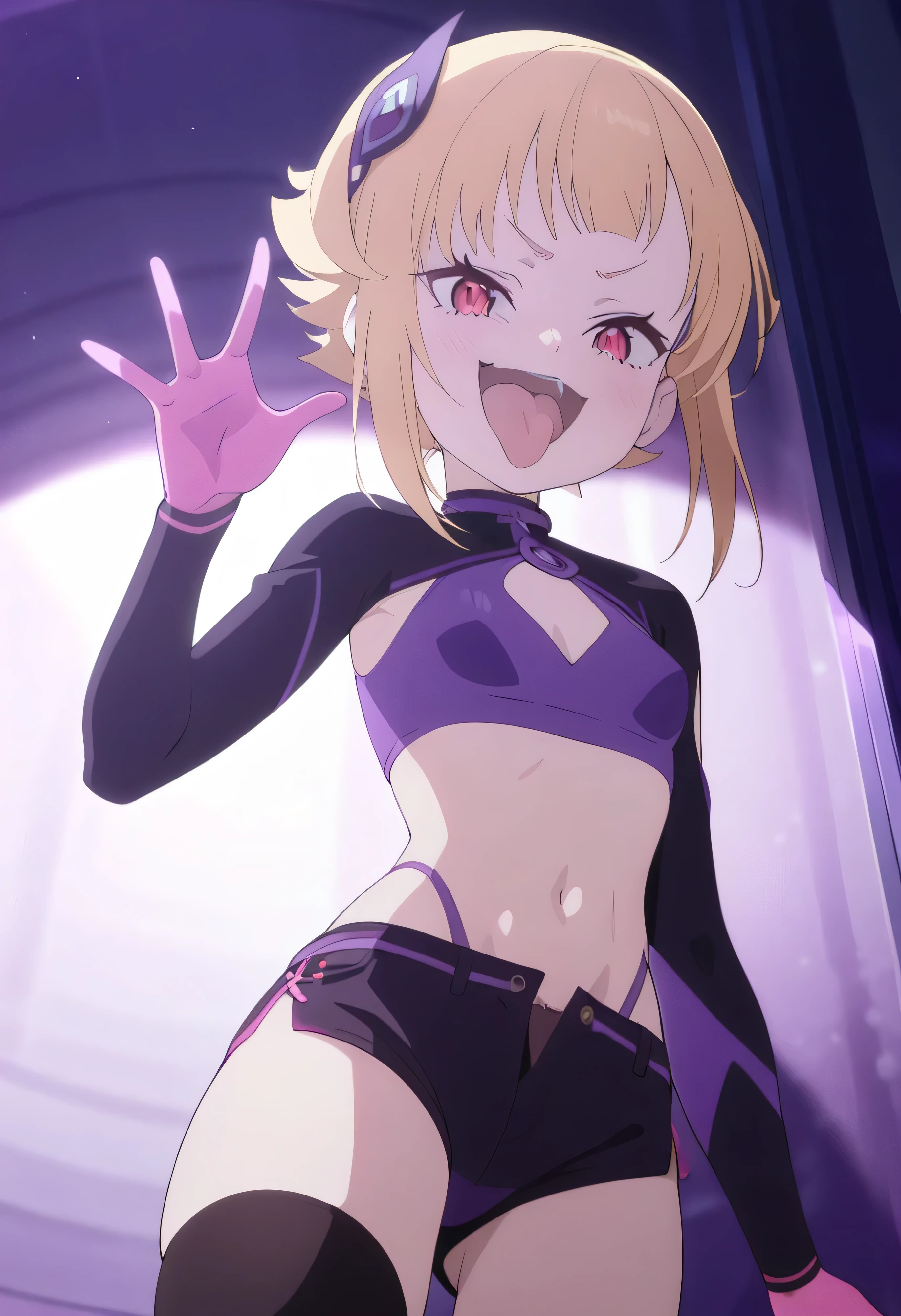 masterpiece, best quality, good quality, newest, CEL, AnFit, red eyes, blonde hair, purple crop top, 1girl, tongue out, black thighhighs, looking at viewer, purple gloves, cowboy shot, short shorts, black shorts, small breasts, highleg panties, hair ornament, purple background, underwear, hand up, panty straps, smile, cleavage cutout, simple background, open mouth, purple panties, two-tone background, pink gloves, sidelocks, outline1girl, blonde hair,masterpiece , best quality, , lookin under, ,, smile, purple brassiere, from below,evil laugh, **********,********li,beautiful body,villain pose,short hair,shaded face(eyes in shadow)