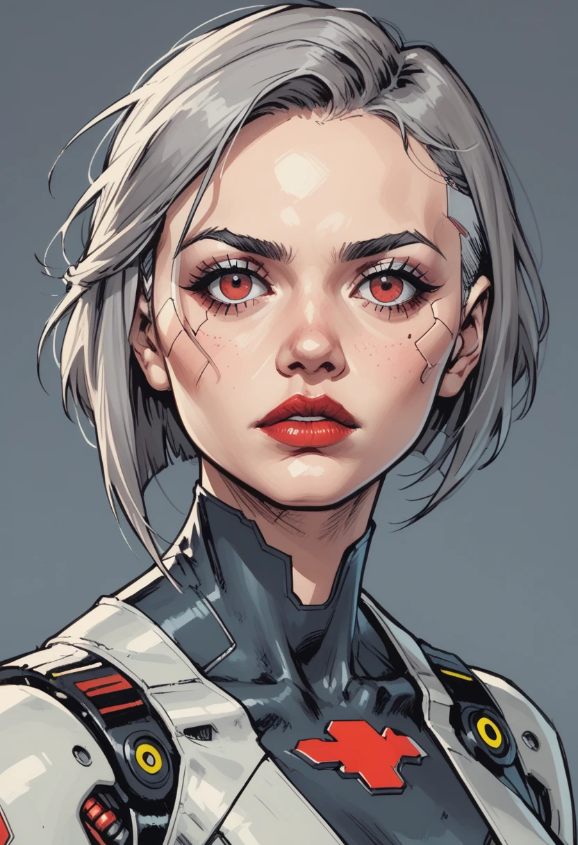 1girl, solo, red eyes, looking at viewer,  science fiction, portrait, teeth, cyberpunk, short hair, mechanical parts, cyborg, android, cable, grey hair, makeup, zPDXL3, detailxl,  Score_PnyReal,, s1_dram 