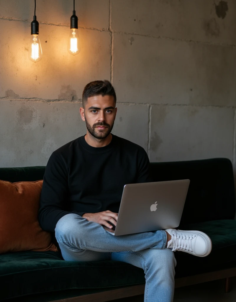 Top QualityMasterpiece:1.3), (8K, Photorealistic, RAW photo, Best Quality: 1.4)A stylish, industrial-inspired lounge where a young man sits on a black sofa, absorbed in his black space grey colour MacBook pro. Hair: The hair is short, styled short on the sides and longer on top. The color is a natural dark brown base with subtle hints of lighter brown or warm undertones in the lighting. Beard: The beard is well-groomed and matches the hair color with a dark brown tone, slightly darker than the hair on the head due to its density. There are faint warmer undertones around the jawline and mustache, which add natural definition to the face. The beard is consistent in tone, appearing clean and uniform, complementing the overall hairstyle. Together, the cohesive dark brown tones of the hair and beard create a polished and modern appearance, with a natural warmth that enhances his features.. The room features textured grey concrete walls, creating a unique modern art backdrop. Above him, two exposed filament pendant lights hang, casting warm, atmospheric light that highlights the aged texture of the sofa and the subtle velvet pillows. His outfit0oversized black crewneck sweatshirt and light blue jeans, and white sneakers—adds a clean, contemporary touch to the retro setting. Details: Lighting: Warm and ambient, creating soft shadows and a moody atmosphere. Camera Angle: Wide shot, slightly tilted to emphasize the lines of the wall and subject’s posture. Mood: Cozy, stylish, and industrial. Color Palette: Warm earth tones – browns, grays, copper, and deep green. Artistic Style: Interior photography with a focus on industrial design and minimalistic fashion. Depth of Field: Shallow (sharp focus on subject and immediate surroundings, subtly blurred edges).