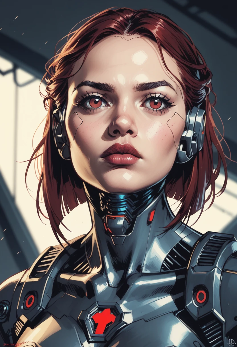 solo, realistic, cyberpunk, science fiction, red eyes, 1girl, looking at viewer, android, blurry, lips, blurry background, mechanical parts, portrait, cyborg, cable, closed mouth, helmet, glowing, zPDXL3, detailxl,  Score_PnyReal,, s1_dram 