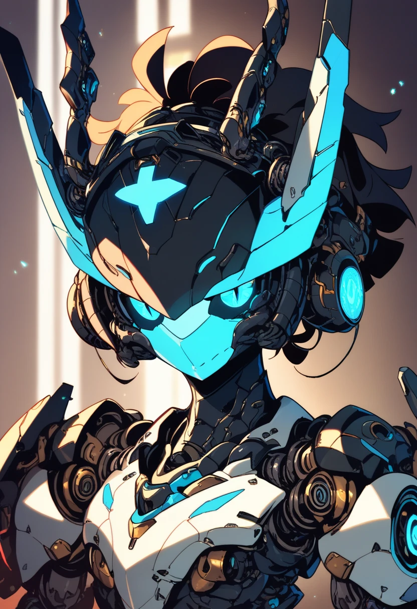 1girl, black mecha, black mechanical arms, mechanical legs, mechanical eyes, black eyes, glowing black hair, in room, dark room, rgb lighting, upper body, looking up at viewer, curved horns, visor, mechanical head, snaggle tooth, slit eyes,