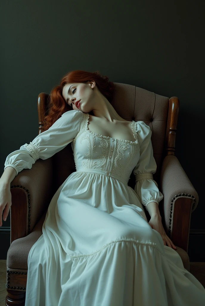 dead woman laying on a chair (laying: 1.0), her neck twisted at an unnatural angle, broken neck, inspired by Alexandre Cabanel, Victorian, beautiful long white dress, death stare, look of hate, white russian clothes, beautiful with eerie vibes, laying on wooden chair, ultra high res, (photorealistic:1.4), cinematic