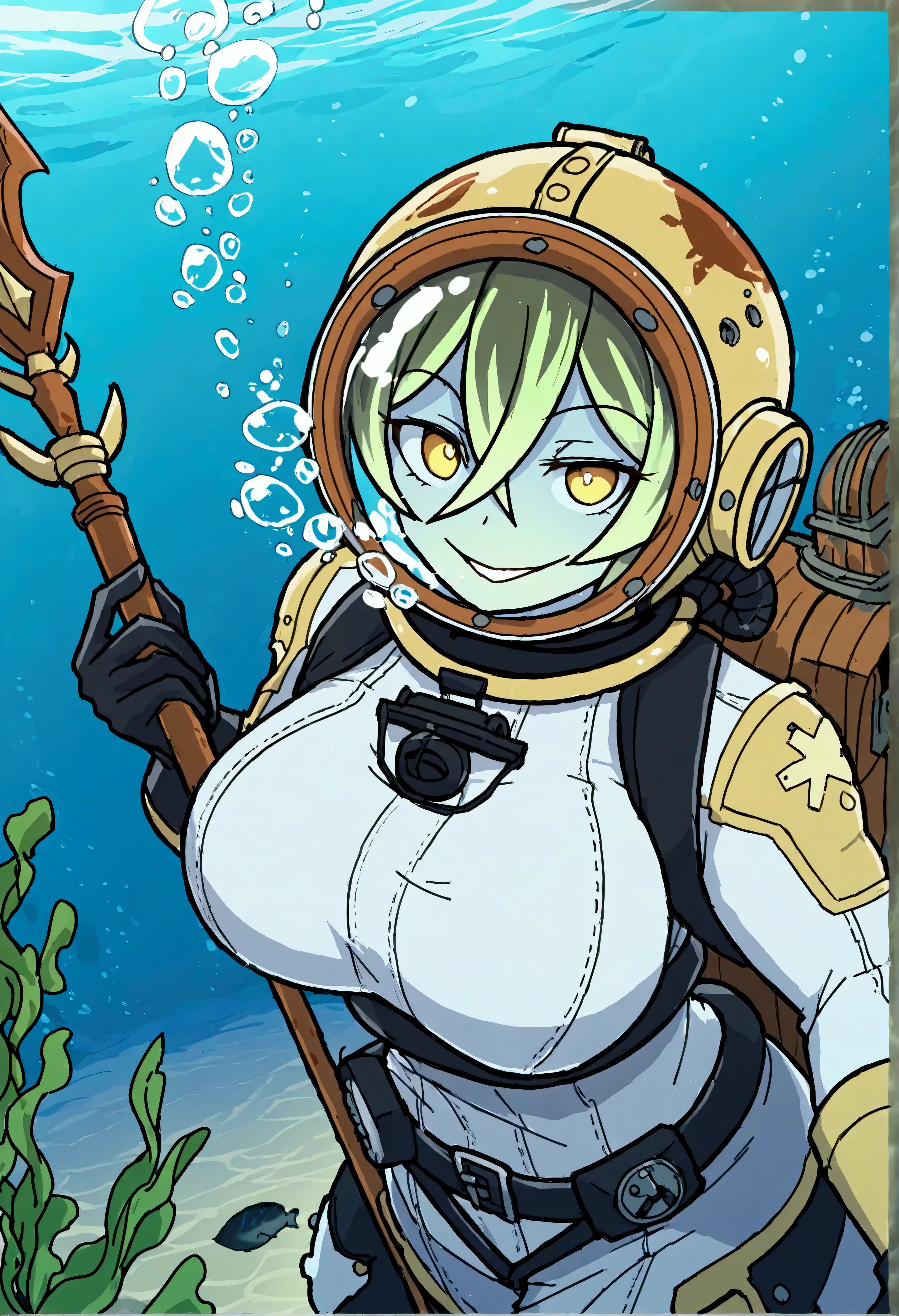 undead female deep sea Diver walking along the sea floor amongst shipwrecks, she's holding a rusty spear gun and her deep sea diving helmet is rusty as well as her diving suit is ripped and torn while emanating a ghostly green Glow, underwater, shipwrecks, deep sea diving helmet, 4K ultra detail the comma half and done, holding up in gun, reaching out with one hand, barnacles, seaweed, (Mark 5 diving helmet:1.5), shipwrecks, walking, horror_(theme), ghost, evil, looking at viewer, holding spear gun, ghostly green Glow, 1girl, solo, large_breasts, muscular, barnacles, rust, (shipwrecks:1.6), multiple shipwrecks, (phantom deep sea diva:1.4), broken air hose, bubbles, (underwater:1.7), upper body, portrait, from_above, evil_eyes, evil_smile, night, darkness, [barnacles on diving suit], rusty_diving_suit, line_art, ghostly green Glow, phantom of the sea, (evil smile:1.3), Draped in seaweed