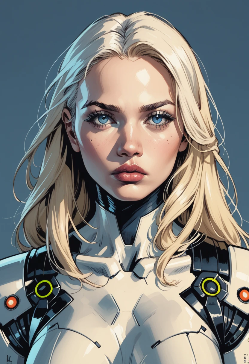 1girl, solo, blue eyes, breasts, long hair, lips, science fiction, upper body, android, realistic, medium breasts, looking at viewer, blonde hair, cyberpunk, cyborg, mechanical parts, white hair, nose, parted lips, zPDXL3, detailxl,  Score_PnyReal,, s1_dram 