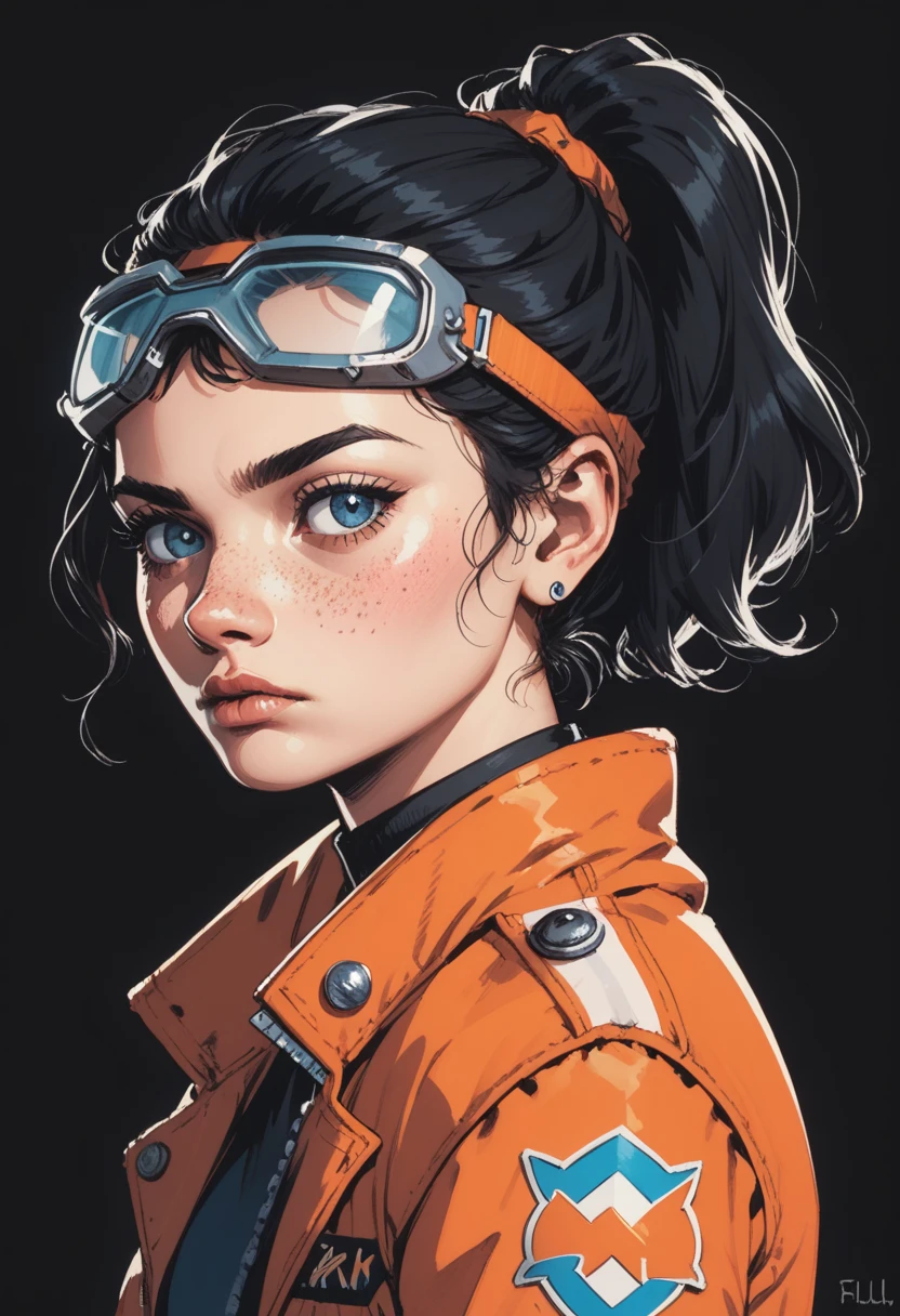 1girl, solo, jewelry, looking at viewer, earrings, blue eyes, black background, freckles, from side, upper body, black hair, jacket, ponytail, , goggles, simple background, orange jacket, s1_dram, zPDXL3, detailxl,  Score_PnyReal,