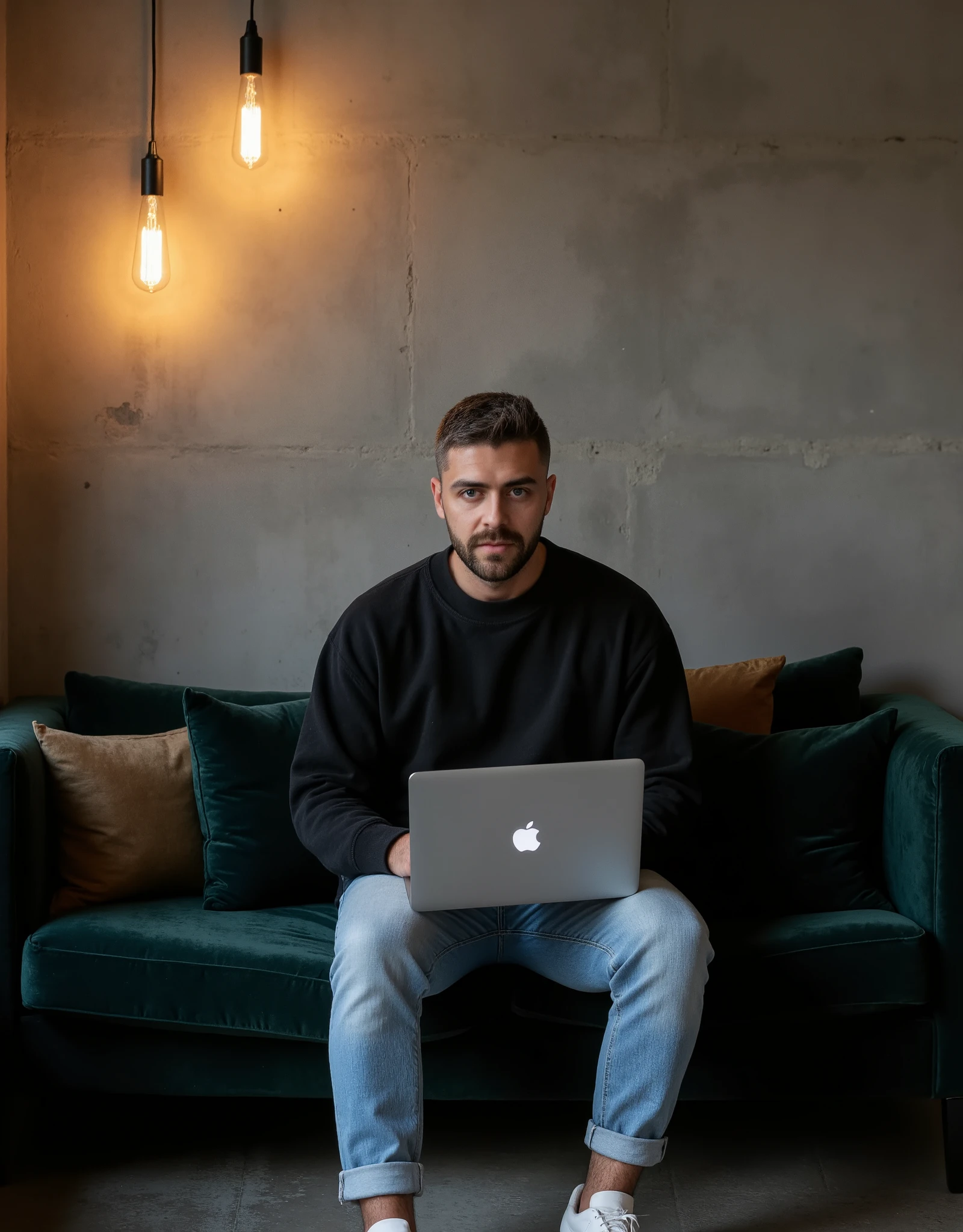 Top QualityMasterpiece:1.3), (8K, Photorealistic, RAW photo, Best Quality: 1.4)A stylish, industrial-inspired lounge where a young man sits on a black sofa, absorbed in his black space grey colour MacBook pro. Hair: The hair is short, styled short on the sides and longer on top. The color is a natural dark brown base with subtle hints of lighter brown or warm undertones in the lighting. Beard: The beard is well-groomed and matches the hair color with a dark brown tone, slightly darker than the hair on the head due to its density. There are faint warmer undertones around the jawline and mustache, which add natural definition to the face. The beard is consistent in tone, appearing clean and uniform, complementing the overall hairstyle. Together, the cohesive dark brown tones of the hair and beard create a polished and modern appearance, with a natural warmth that enhances his features.. The room features textured grey concrete walls, creating a unique modern art backdrop. Above him, two exposed filament pendant lights hang, casting warm, atmospheric light that highlights the aged texture of the sofa and the subtle velvet pillows. His outfit0oversized black crewneck sweatshirt and light blue jeans, and white sneakers—adds a clean, contemporary touch to the retro setting. Details: Lighting: Warm and ambient, creating soft shadows and a moody atmosphere. Camera Angle: Wide shot, slightly tilted to emphasize the lines of the wall and subject’s posture. Mood: Cozy, stylish, and industrial. Color Palette: Warm earth tones – browns, grays, copper, and deep green. Artistic Style: Interior photography with a focus on industrial design and minimalistic fashion. Depth of Field: Shallow (sharp focus on subject and immediate surroundings, subtly blurred edges).