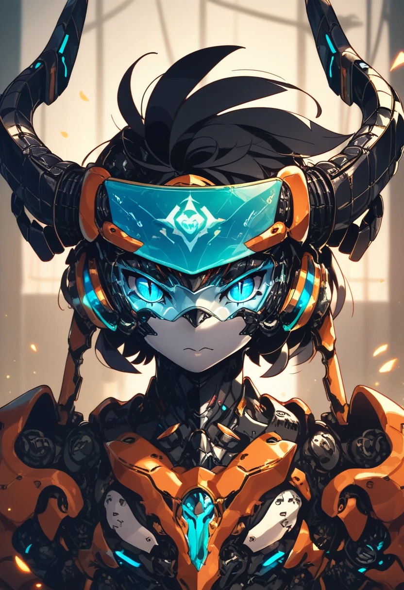 1girl, black mecha, black mechanical arms, mechanical legs, mechanical eyes, black eyes, glowing black hair, in room, dark room, embers swirling, upper body, looking up at viewer, curved horns, visor, mechanical head, snaggle tooth, slit eyes, closed mouth, 