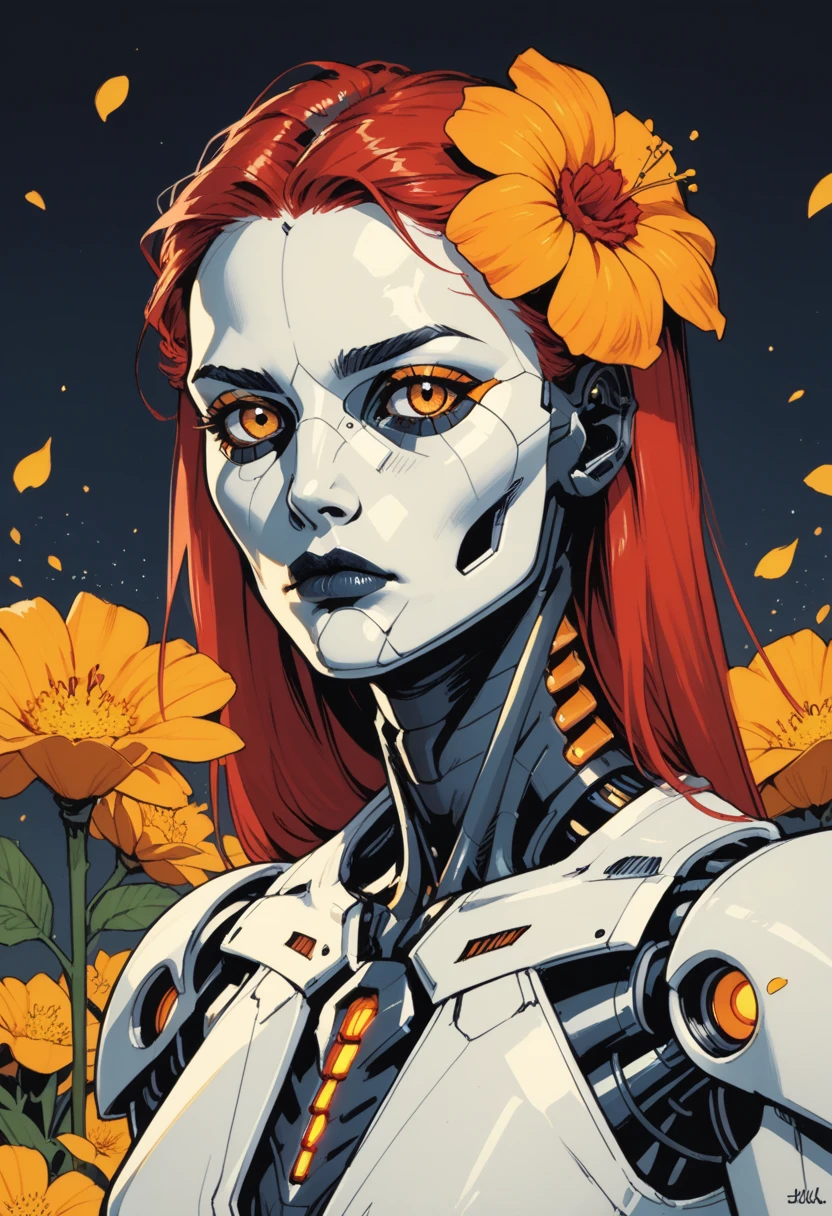 skeleton, flower, orange flower, no humans, yellow flower, glowing, science fiction, petals, robot, solo, skull, ribs, humanoid robot, red flower, upper body, looking at viewer, light particles, s1_dram, zPDXL3, detailxl,  Score_PnyReal,