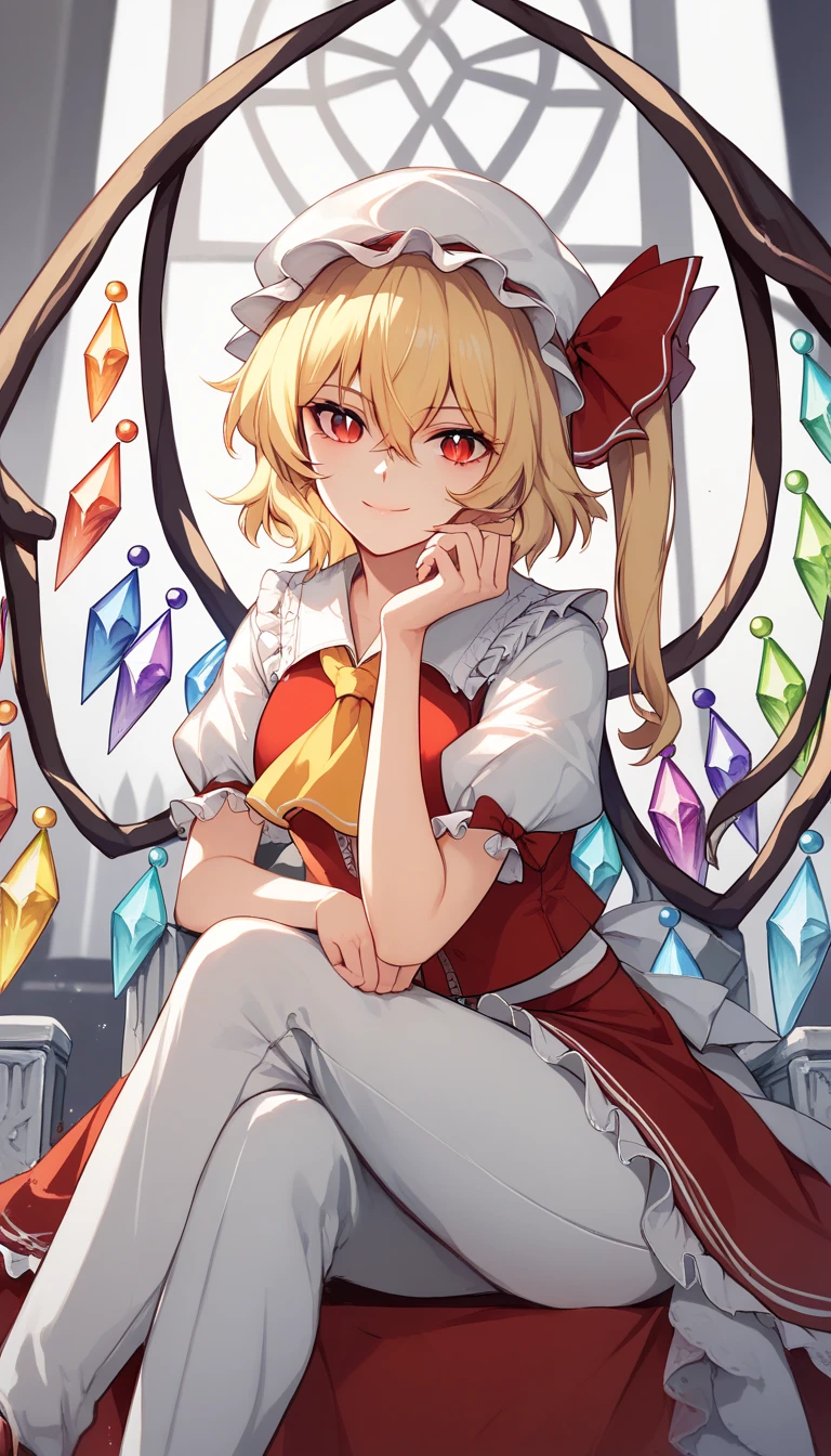 1girls, solo, female_focus, , sitting, , throne, pants, , looking_at_viewer, eye_of_horus, , , ,, smile, chain, closed_mouth, , , traditional_media, ,head_rest, , flandre scarlet, blonde hair, side ponytail, red eyes, hair bow, red bow, hair between eyes, slit pupils, white headwear,wings, crystal, crystal wings,
white puffy sleeves,white sleeves, short sleeves, red vest , yellow ascot, red skirt, frilled skirt , red miniskirt , frills , medium breast 