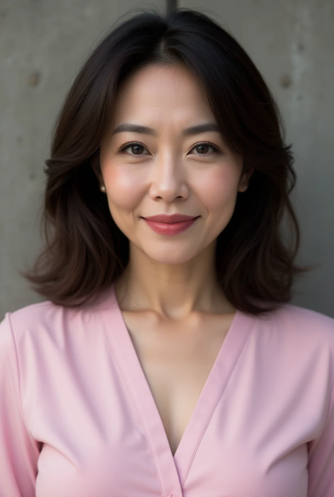 Mature Woman, ( Detailed description of the hair), (Detailed description of the face), (Detailed description of the body), high definition , masterpiece,  top quality ,  High Details , formal: 1.4), ( realistic : 1.2, 超 realistic な: 1.1,  realistic: 1.37), ( sharp focus : 1.4),  is written by,  looking up with moist eyes,  wavy hair , ,  unrivaled beauty , (Ultimate beauty), (lipstick:1.1), ( eyeliner :1.2), ( mascara), ( Eye Shadow ), (48 years old,: 1.4), Japanese、 closeup 、 fine lines of laughter :1.2、seductive smile,(Light pink x bicolor v-neck dress nurse uniform)、( Concrete wall background )