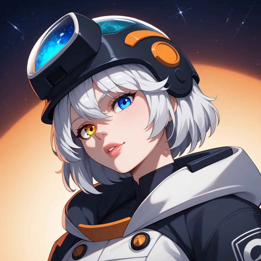  Close-up of an improved masterpiece:1.5)0.9], (Space and astronauts:1.2) ( Messy silver hair:1.1) (heterochromia:  xanthochromia and blue eyes :1.2) (Space helmet:1.0) ( Colored stars in the eyes:1.0) (A radiant glow:1.1) ( Thick lips:0.9)