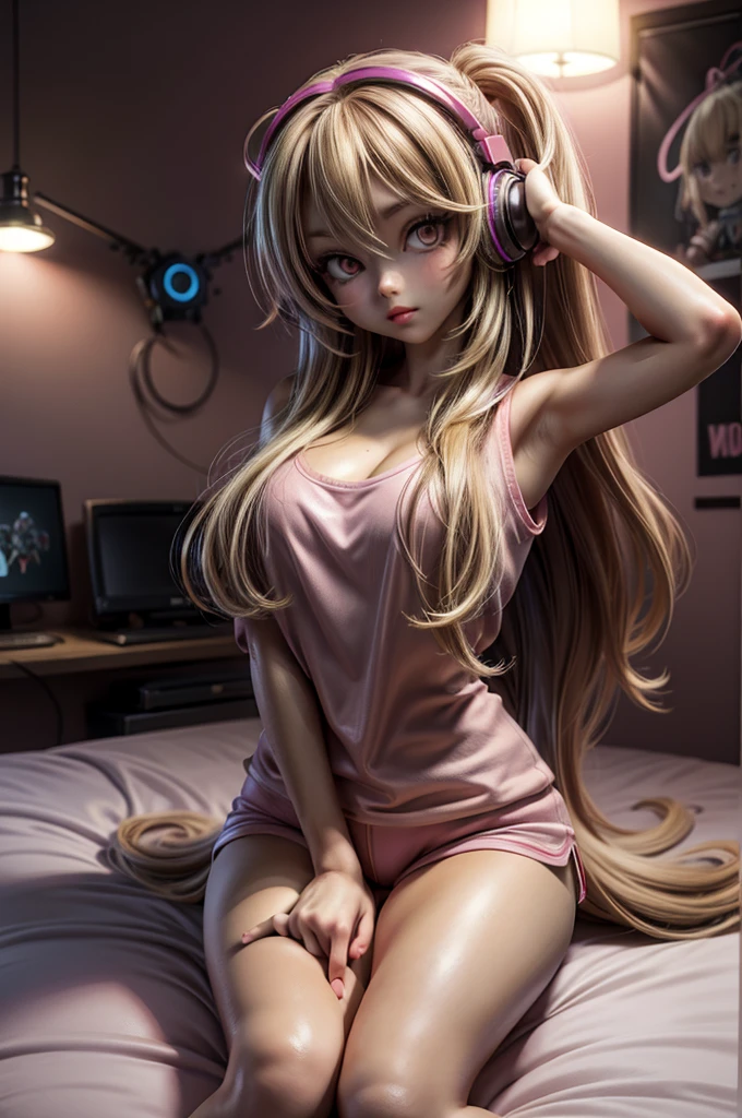 (masterpiece, best quality), 1girl, solo, long hair, blonde hair, pink eyes, anime, thick lips, sitting, indoors, pink bedroom background, pajamas, yawn, game controller, gamer fashion, short shorts, head tilt, looking at viewer, extremely detailed, illustration, arm up, large breasts, thick thighs, cute colors, posters, computer desk, gamer headphones, from above,