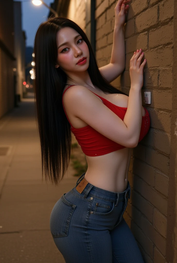 (masterpiece,  top quality: 1.2), Alone,(((Low-angle shot))), (red underwear),  jean denim pants, black hair, radiant skin, earring, blushes,(narrow alley),night,  big boobs, huge boobs ,  pink areolas ,  pink lips ,smart nose,(Walking figure), side view , Beautiful Lighting ,shy expression, shy face,smile around the mouth ,Paparazzi,photoshoot pose,sexy pose,The body looks towards the wall ,Hold your hands against the wall , The palms of the hands look at the wall,Lean over,The face looks at the wall,Tons of used up condoms on the floor
