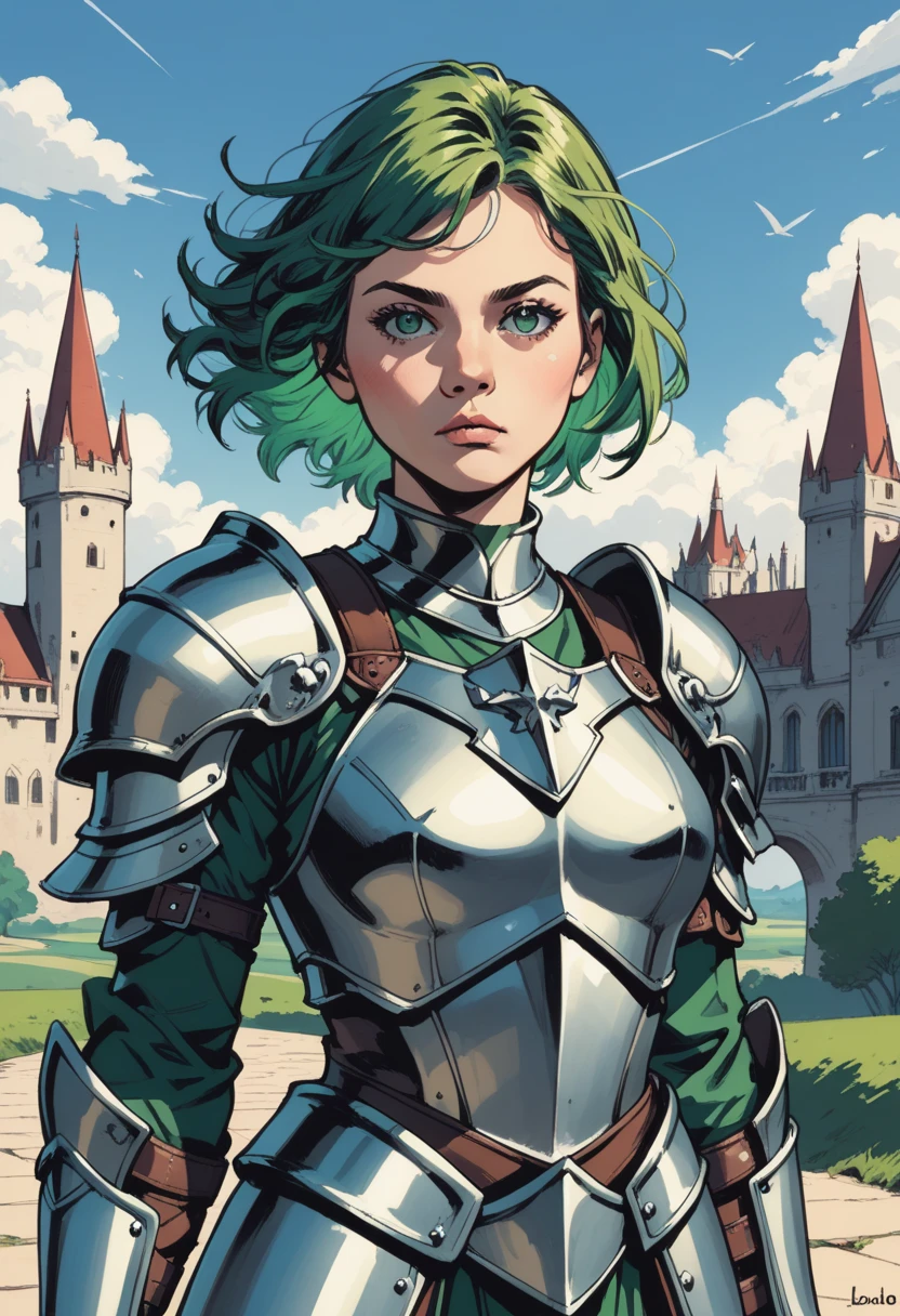 armor, cloud, 1girl, green eyes, castle, short hair, sky, solo focus, outdoors, parted knight, green hair, cloudy sky, breastplate, shoulder armor, multicolored hair, pauldrons, full armor, floating hair, looking at viewer, plate armor, upper body, wind, s1_dram, zPDXL3, detailxl,  Score_PnyReal,