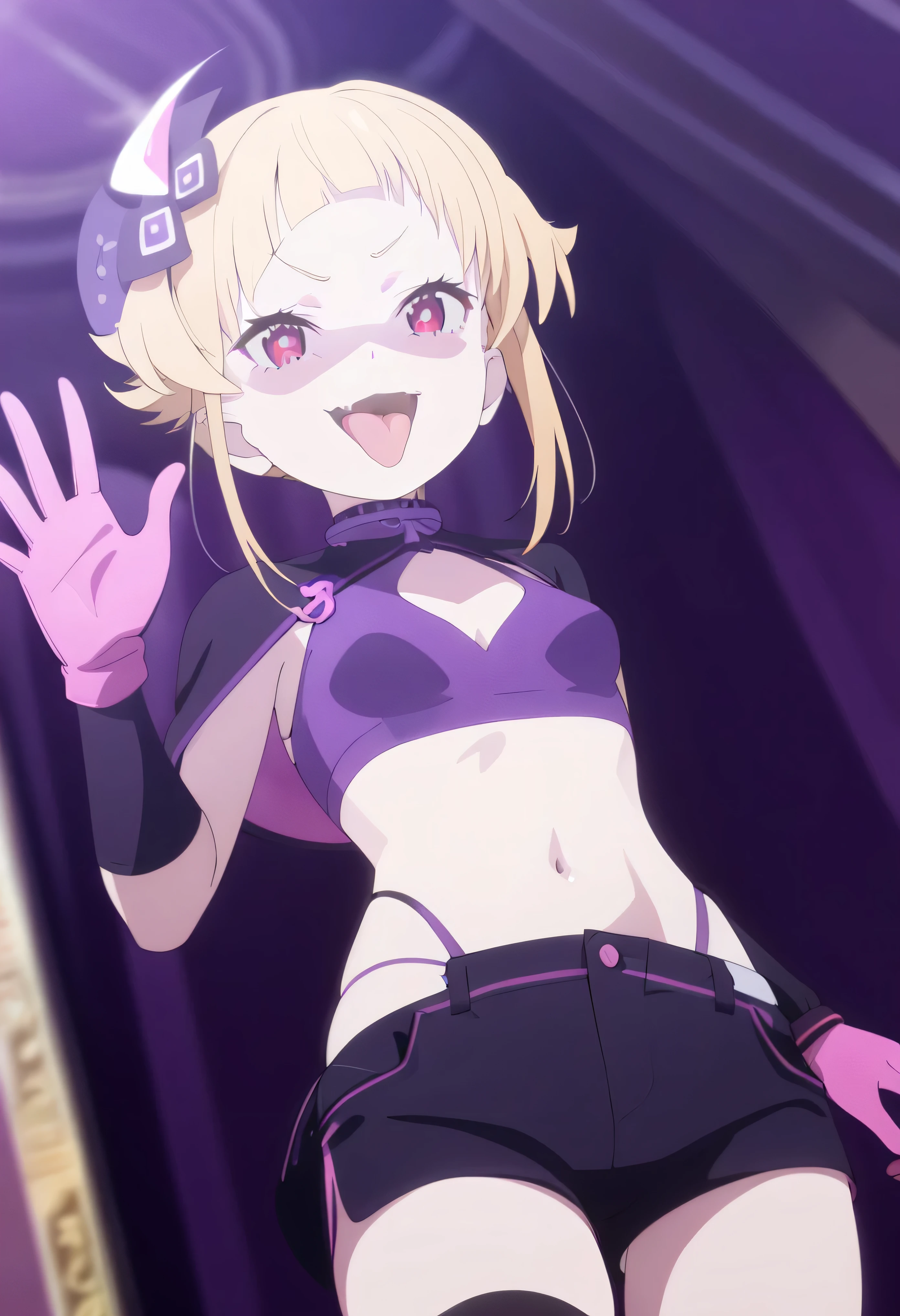 masterpiece, best quality, good quality, newest, CEL, AnFit, red eyes, blonde hair, purple crop top, 1girl, tongue out, black thighhighs, looking at viewer, purple gloves, cowboy shot, short shorts, black shorts, small breasts, highleg panties, hair ornament, purple background, underwear, hand up, panty straps, smile, cleavage cutout, simple background, open mouth, purple panties, two-tone background, pink gloves, sidelocks, outline1girl, blonde hair,masterpiece , best quality, , lookin under, ,, smile, purple brassiere, from below,evil laugh, small girl,small loli,beautiful body,villain pose,short hair,shaded face(eyes in shadow),