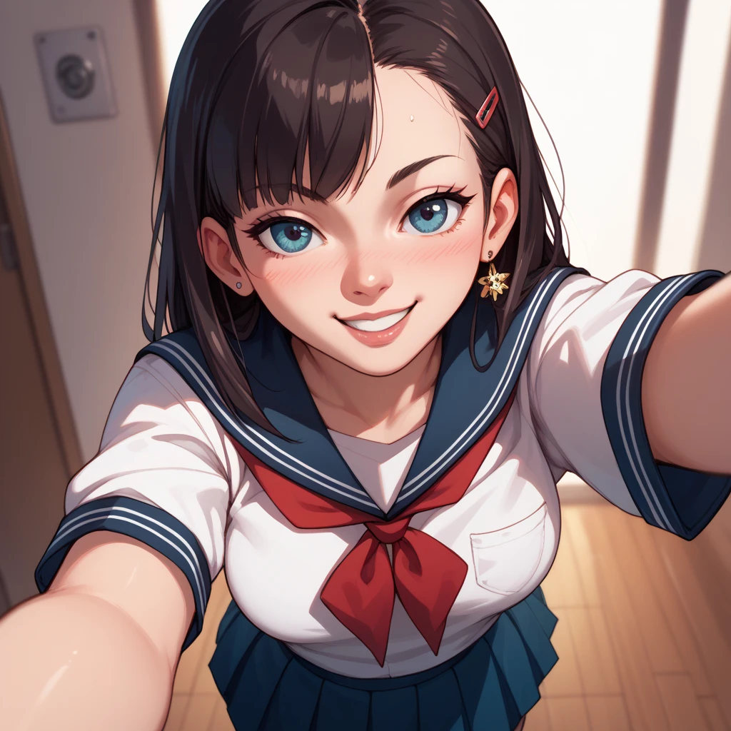 Girl in Japanese-style school uniform from the 90s taking a selfie