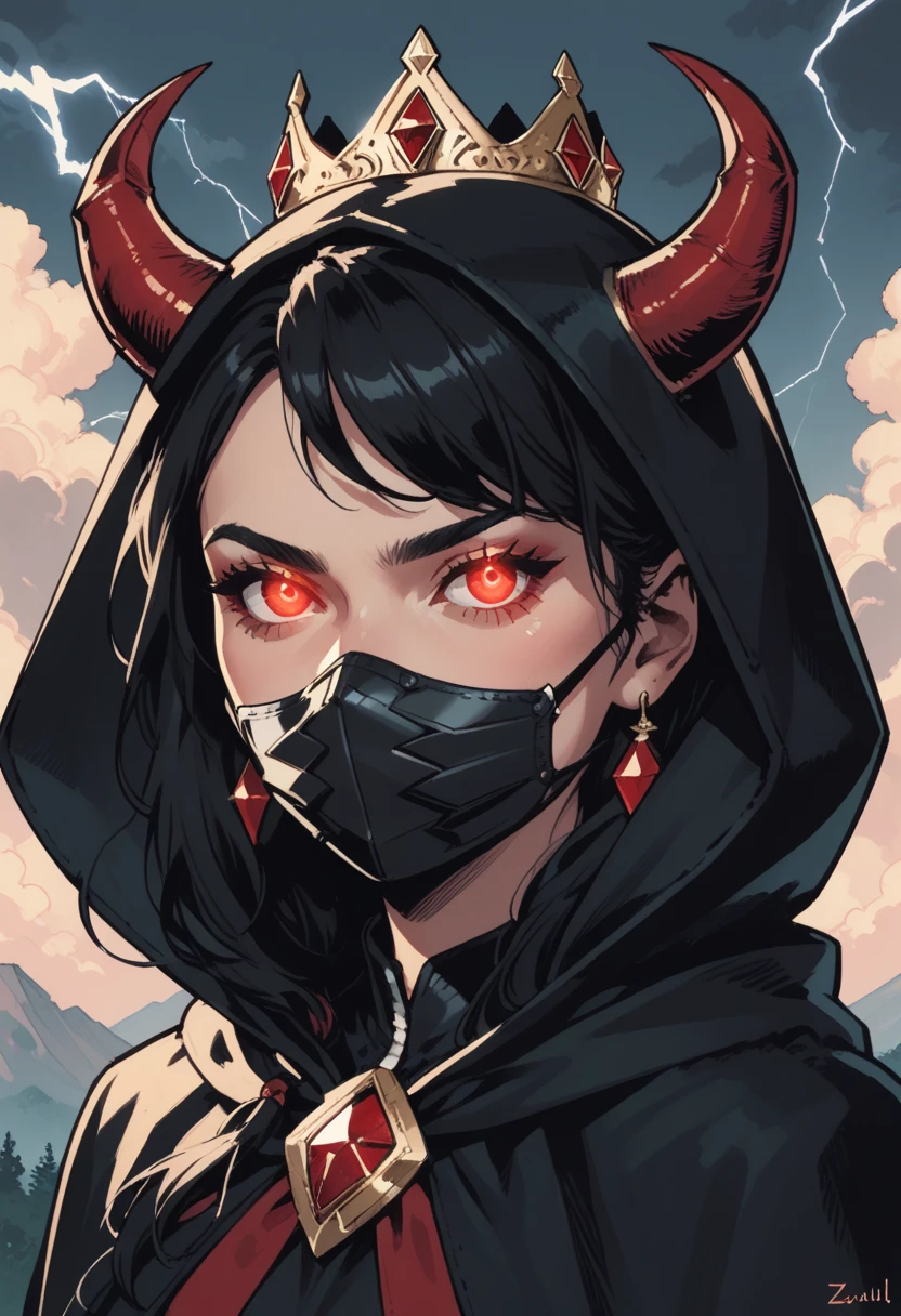 1girl, solo, cloud, red eyes, jewelry, sky, crown, glowing eyes, looking at viewer, glowing, earrings, cloudy sky, outdoors, black hair, gem, mask, hood, cloak, upper body, lightning, covered mouth, mouth mask, horns, s1_dram, zPDXL3, detailxl,  Score_PnyReal,