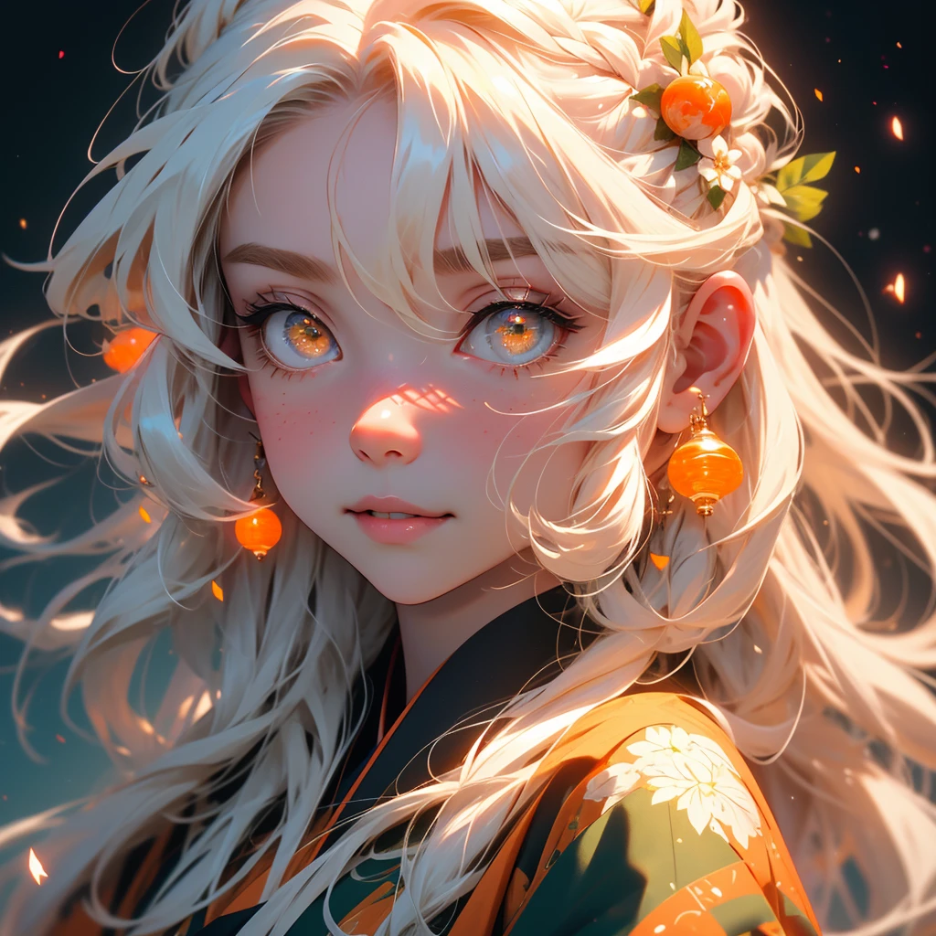 (high resolution:1.18), intricate detail, (masterpiece:1.1), (highest quality:1.1), absurdres),(1girl, portrait, white hair, orange eyes, long hair, detailed eyes), 1girl, Solo, High Resolution, Long Hair, long white hair, wearing sheer green haori, Best Quality, High Resolution, HD, High Details, Long Hair, Very Long Hair, White Hair, Blush, Smile, Parted Lips, orange eyes, beautiful