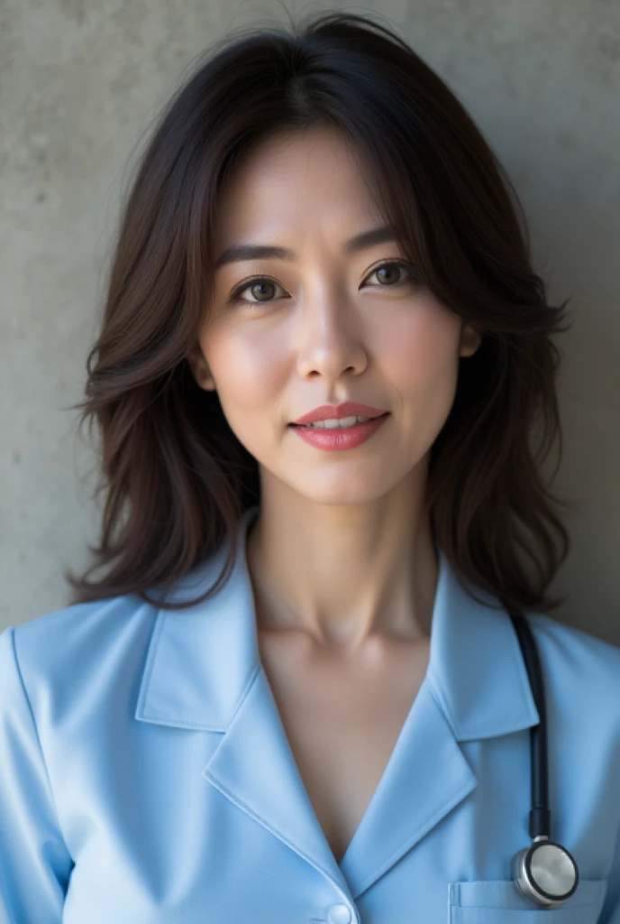 Mature Woman, ( Detailed description of the hair), (Detailed description of the face), (Detailed description of the body), high definition , masterpiece,  top quality ,  High Details , formal: 1.4), ( realistic : 1.2, 超 realistic な: 1.1,  realistic: 1.37), ( sharp focus : 1.4),  is written by,  looking up with moist eyes,  wavy hair , ,  unrivaled beauty , (Ultimate beauty), (lipstick:1.1), ( eyeliner :1.2), ( mascara), ( Eye Shadow ), (48 years old,: 1.4), Japanese、 closeup 、 fine lines of laughter :1.2、seductive smile,(Light Blue x High Neck Box Silhouette Nurse Uniform)、( Concrete wall background )