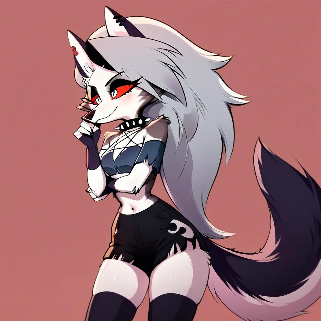 score_9, score_7_up,loona \(helluva boss\), colours, cartoon style, seductive, loona, hellhound, loona crop top, off-shoulder shirt, claws, fingerless gloves, torn clothes, thigh highs, 1girl, 1girl solo, 1girl, solo, furry, tail, animal ears, wolf girl, furry female, red eyes, 1girl, solo, furry, tail, animal ears, wolf girl, spikes, wolf tail, furry female, red eyes, seductive, 1girl, seductive