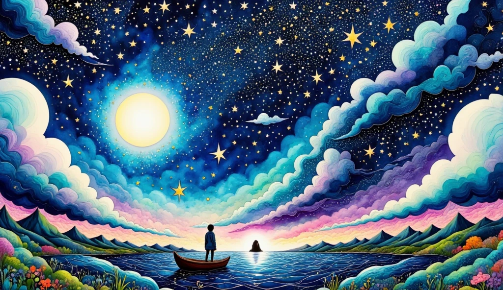 "A breathtaking fantasy illustration depicting the fusion of a starry night sky and a shimmering ocean. A small boat with a lone adventurer stands at the center, holding a glowing compass and gazing upward at the cosmos. The sky and sea are seamlessly connected, with the Milky Way flowing like a river into the waves. Bright stars reflect off the water, creating a magical interplay of light. The color palette features deep navy blues, silver, and gold accents, with soft purple gradients. In the distance, a mysterious glowing doorway or celestial silhouette adds a sense of wonder and mystery."
