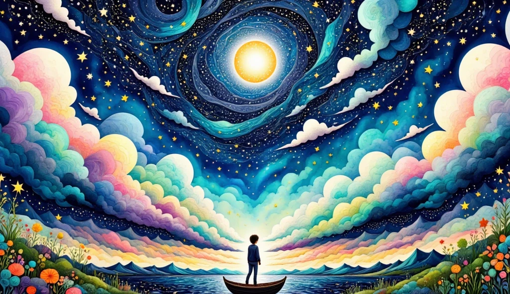 "A breathtaking fantasy illustration depicting the fusion of a starry night sky and a shimmering ocean. A small boat with a lone adventurer stands at the center, holding a glowing compass and gazing upward at the cosmos. The sky and sea are seamlessly connected, with the Milky Way flowing like a river into the waves. Bright stars reflect off the water, creating a magical interplay of light. The color palette features deep navy blues, silver, and gold accents, with soft purple gradients. In the distance, a mysterious glowing doorway or celestial silhouette adds a sense of wonder and mystery."
