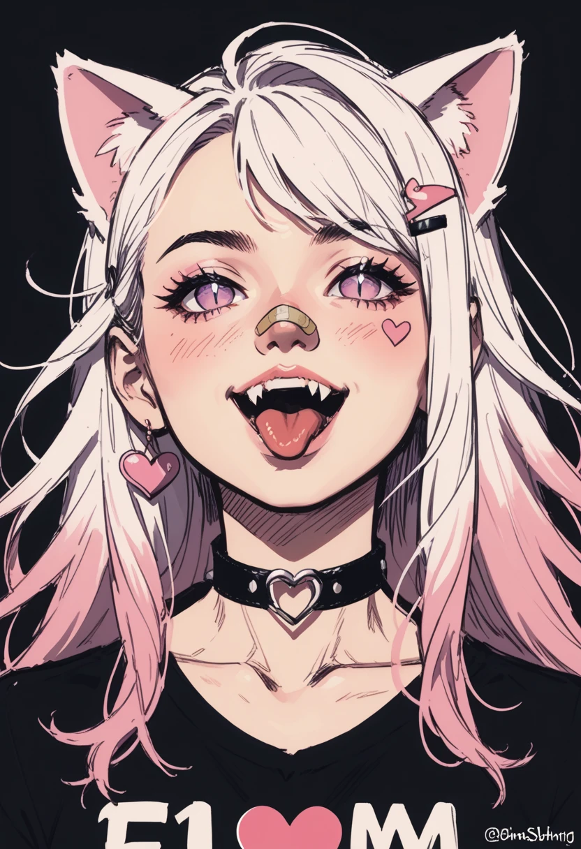 1girl, solo, tongue, animal ears, jewelry, heart, choker, earrings, bandaid, bandaid on nose, bandaid on face, tongue out, cat ears, fangs, portrait, white hair, open mouth, black choker, hair ornament, teeth, hairclip, long hair, pink eyes, artist name, purple eyes, black shirt, smile, collarbone, tattoo, shirt, multicolored hair, looking at viewer, watermark, makeup, twitter username, eyelashes, slit pupils, pink hair, upper teeth only, sticker on face, upper body, messy hair, pale skin, facial mark, heart earrings, virtual youtuber, gradient hair, neck tattoo, cat girl, instagram logo, head tilt, collar, instagram username, eyeshadow, blurry, bright pupils, score_9, score_8_up, score_8_up, a_Comic_Illustration, rough lines with ink, (drawn:1.1), (sketch:1.5), (crosshatching:1.25), (comic style:1.1), graphic novel style, sharp lines, hires, zstyle, (western comics \(style\):1.1), (hatching \(texture\):1.2), zPDXL, Mr_Monster_Possitive, beautiful detailed eyes, extreme details eyes,  perfect anatomy,, .