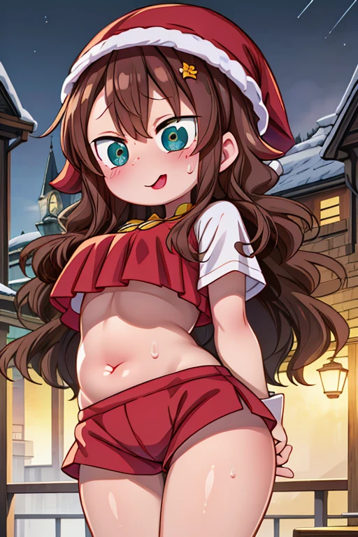  blushing, watching the spectator very happy, sweating, showing her belly, very blushed, detailed background, beautiful face,very blushed, face showing the tongue, shiny black hair, two bows of hearts, Christmas costume, sweating, Snow is falling officer,stars, detailed background, anatomy, Masterpiece, glowing eyes. Tongue out, big legs, big thighs, mostrando los senos,ojos brillantes, noche, estrellas brillantes, shorts muy cortos, shorts negros, noche oscura, estrellas, Boca cerrada, Sonrisa,