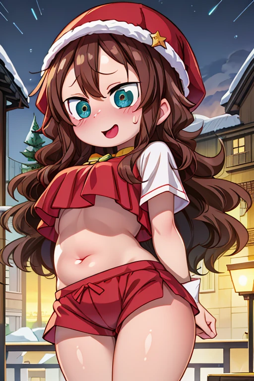  blushing, watching the spectator very happy, sweating, showing her belly, very blushed, detailed background, beautiful face,very blushed, face showing the tongue, shiny black hair, two bows of hearts, Christmas costume, sweating, Snow is falling officer,stars, detailed background, anatomy, Masterpiece, glowing eyes. Tongue out, big legs, big thighs, mostrando los senos,ojos brillantes, noche, estrellas brillantes, shorts muy cortos, shorts negros, noche oscura, estrellas, Boca cerrada, Sonrisa,