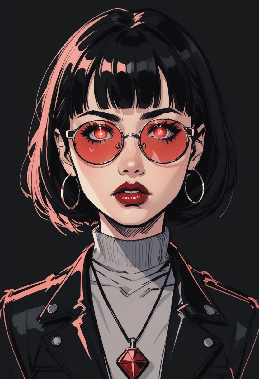 1girl, jewelry, solo, earrings, black hair, red eyes, looking at viewer, necklace, short hair, tinted eyewear, parted lips, glowing, red lips, sunglasses, jacket, bob cut, turtleneck, black jacket, hoop earrings, red-tinted eyewear, makeup, black background, upper body, shirt, glowing eyes, lips, portrait, round eyewear, white shirt, glasses, pendant, simple background, eyelashes, lipstick, teeth, sweater, blunt bangs, grey shirt, score_9, score_8_up, score_8_up, a_Comic_Illustration, rough lines with ink, (drawn:1.1), (sketch:1.5), (crosshatching:1.25), (comic style:1.1), graphic novel style, sharp lines, hires, zstyle, (western comics \(style\):1.1), (hatching \(texture\):1.2), zPDXL, Mr_Monster_Possitive, beautiful detailed eyes, extreme details eyes,  perfect anatomy,, 1girl, thighs, cowboy shot