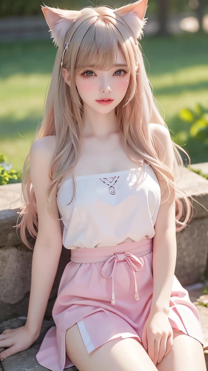 Bright expression、 Realism、 top quality 、 Ultra High Resolution、photo、 photo of an exquisitely beautiful girl born in Scandinavia、 Extraordinarily beautiful girl 、 Detailed cute beautiful face 、( Pure love face _v1:0.008)、 Beautiful seaweed 、 Alice in Wonderland 、18 years old、 The skin is white and shiny、 flowing hair extending to the face 、 Broken hair between the eyes 、extra long hair、 Charming light gold and deep platinum super long straight hair Silky hair、 sparse hair 、 Charming Shine Beautiful Bright Clear Light Blue Big Eyes 、white apron、é” è²æå 、Eyeliner、 Double Eyelids、 Chubby Chest 、two girls、cat ears、laughter、 skirt 、 White lace bottom skirt 、 pink panties 、