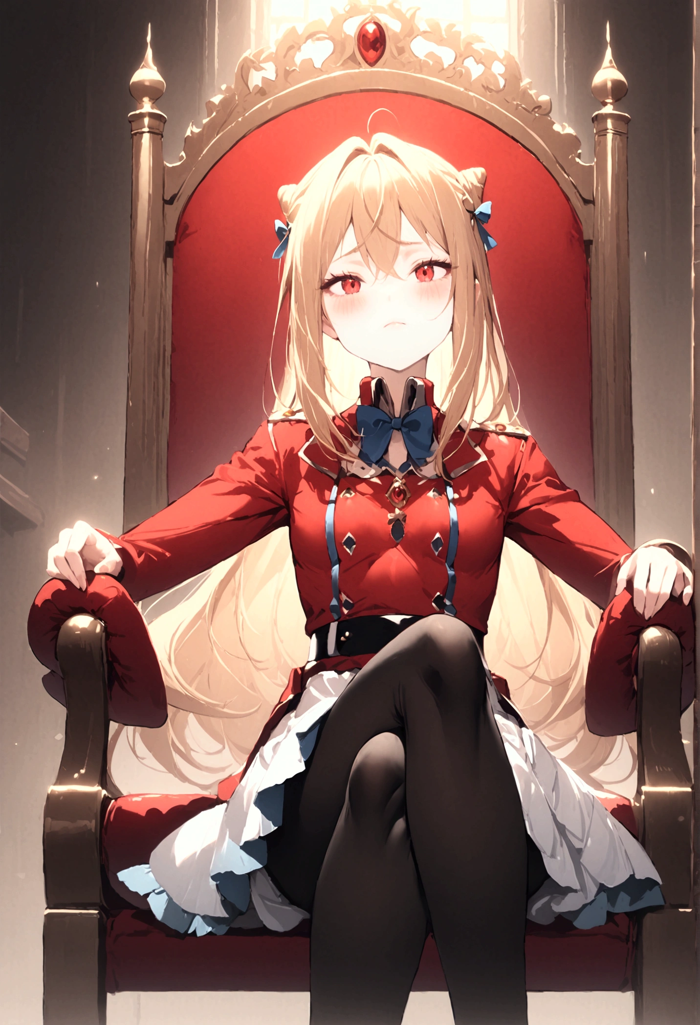  high image quality 、masterpiece、  High Quality   、Full HD、4K 、 long golden hair 、Tie your hair in a bun、 red eyes、 slim、 small breasts、 shy 、blush、Teary-eyed、 is shy、 red and gold uniform 、White Skirt、 blue ribbon on the chest、 Black Tights 、 view from below、Sit on the king's chair 、 wear cheek sticks 、 crosses legs