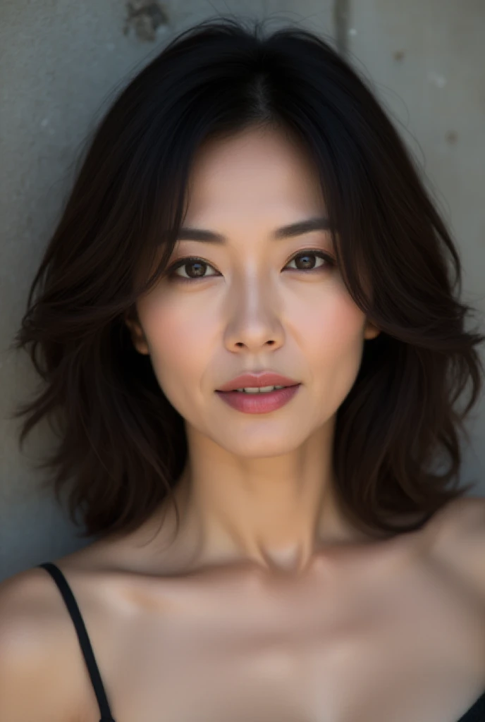 Mature Woman, ( Detailed description of the hair), (Detailed description of the face), (Detailed description of the body), high definition , masterpiece,  top quality ,  High Details , formal: 1.4), ( realistic : 1.2, 超 realistic な: 1.1,  realistic: 1.37), ( sharp focus : 1.4),  is written by,  looking up with moist eyes,  wavy hair , ,  unrivaled beauty , (Ultimate beauty), (lipstick:1.1), ( eyeliner :1.2), ( mascara), ( Eye Shadow ), (48 years old,: 1.4), Japanese、 closeup 、 fine lines of laughter :1.2、seductive smile,(Light grey x modern zip up dress nurse uniform)、( Concrete wall background )