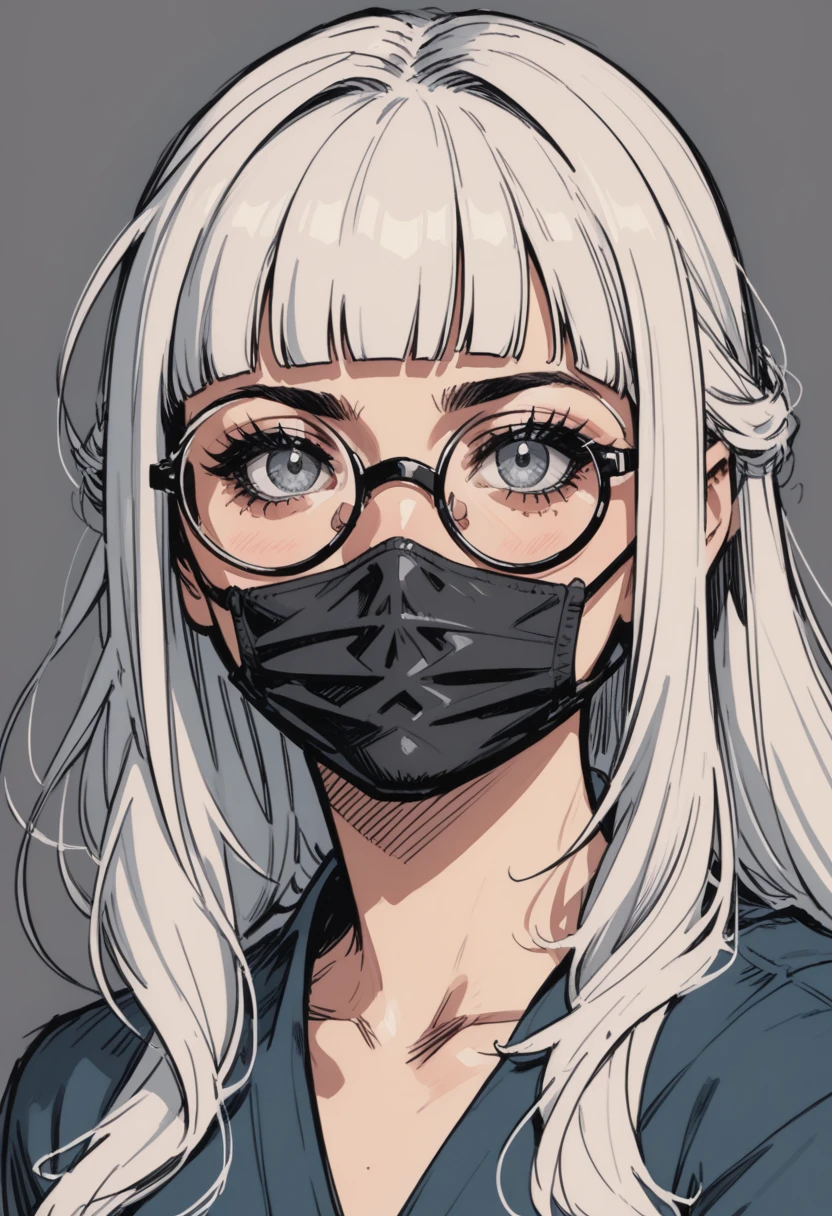 solo, mouth mask, glasses, 1girl, mask, white hair, looking at viewer, round eyewear, portrait, black-framed eyewear, blue eyes, black mask, grey background, long hair, blurry, blunt bangs, close-up, grey eyes, blurry background, eyelashes, covered mouth, simple background, makeup, head tilt, score_9, score_8_up, score_8_up, a_Comic_Illustration, rough lines with ink, (drawn:1.1), (sketch:1.5), (crosshatching:1.25), (comic style:1.1), graphic novel style, sharp lines, hires, zstyle, (western comics \(style\):1.1), (hatching \(texture\):1.2), zPDXL, Mr_Monster_Possitive, beautiful detailed eyes, extreme details eyes,  perfect anatomy,, 1girl, thighs, cowboy shot