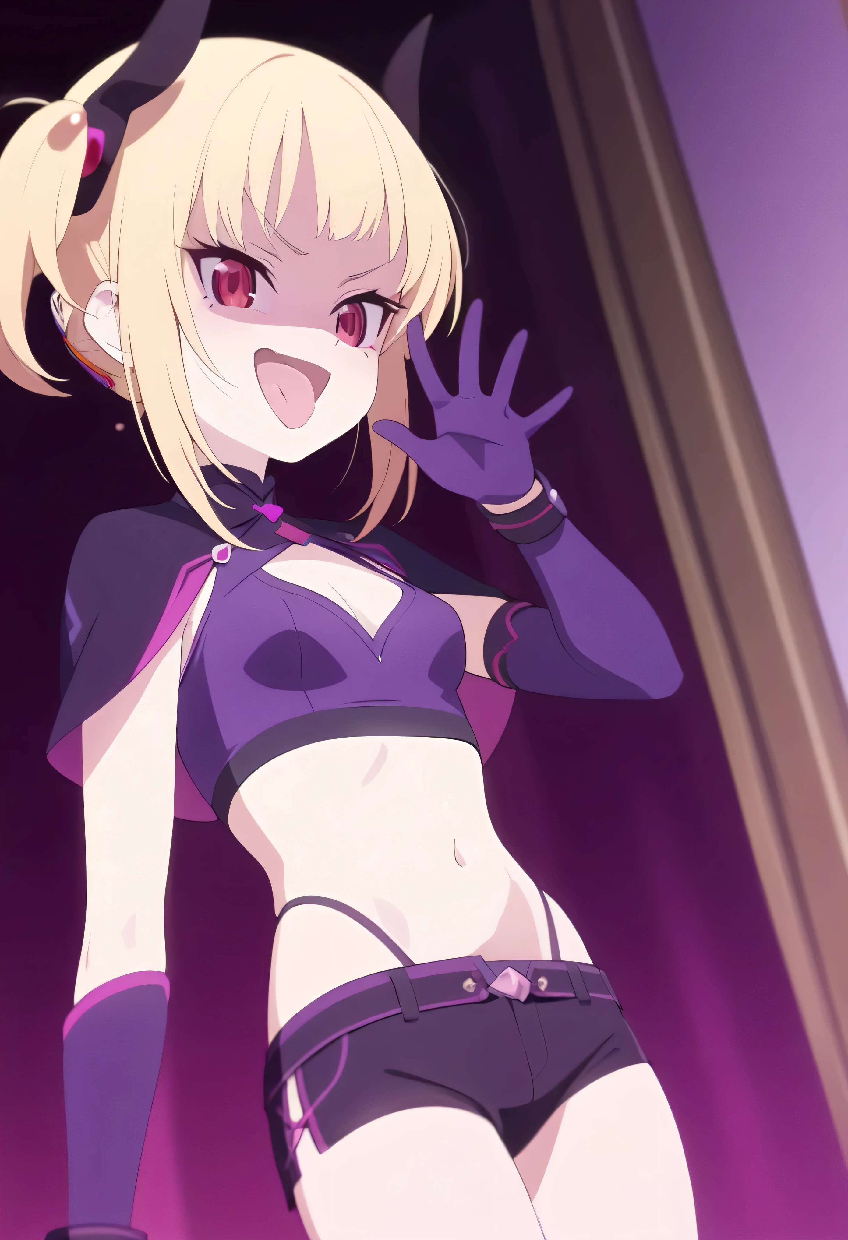 masterpiece, best quality, good quality, newest, CEL, AnFit, red eyes, blonde hair, purple crop top, 1girl, tongue out, black thighhighs, looking at viewer, purple gloves, cowboy shot, short shorts, black shorts, small breasts, highleg panties, hair ornament, purple background, underwear, hand up, panty straps, smile, cleavage cutout, simple background, open mouth, purple panties, two-tone background, pink gloves, sidelocks, outline1girl, blonde hair,masterpiece , best quality, , lookin under, ,, smile, purple brassiere, from below,evil laugh, small girl,small loli,beautiful body,villain pose,short hair,shaded face(eyes in shadow),1girl,