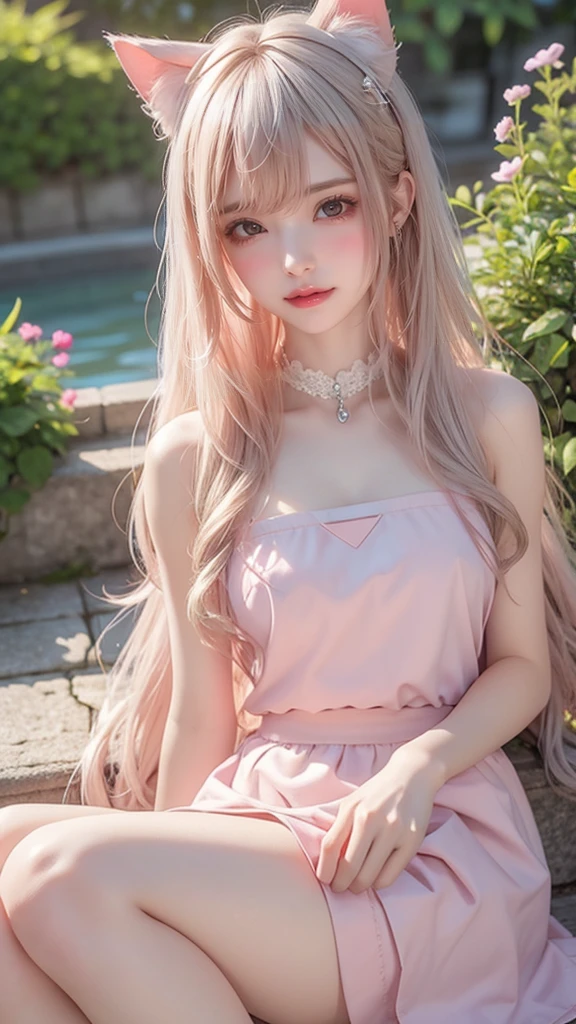 (Long blonde hair+Small pink flowers:1.3+Big red and blue eyes+Heterochromia+gold-wire glasses:1.2+Intellectual beauty:1.1),under a sakura tree,Sideslit,lace legwear