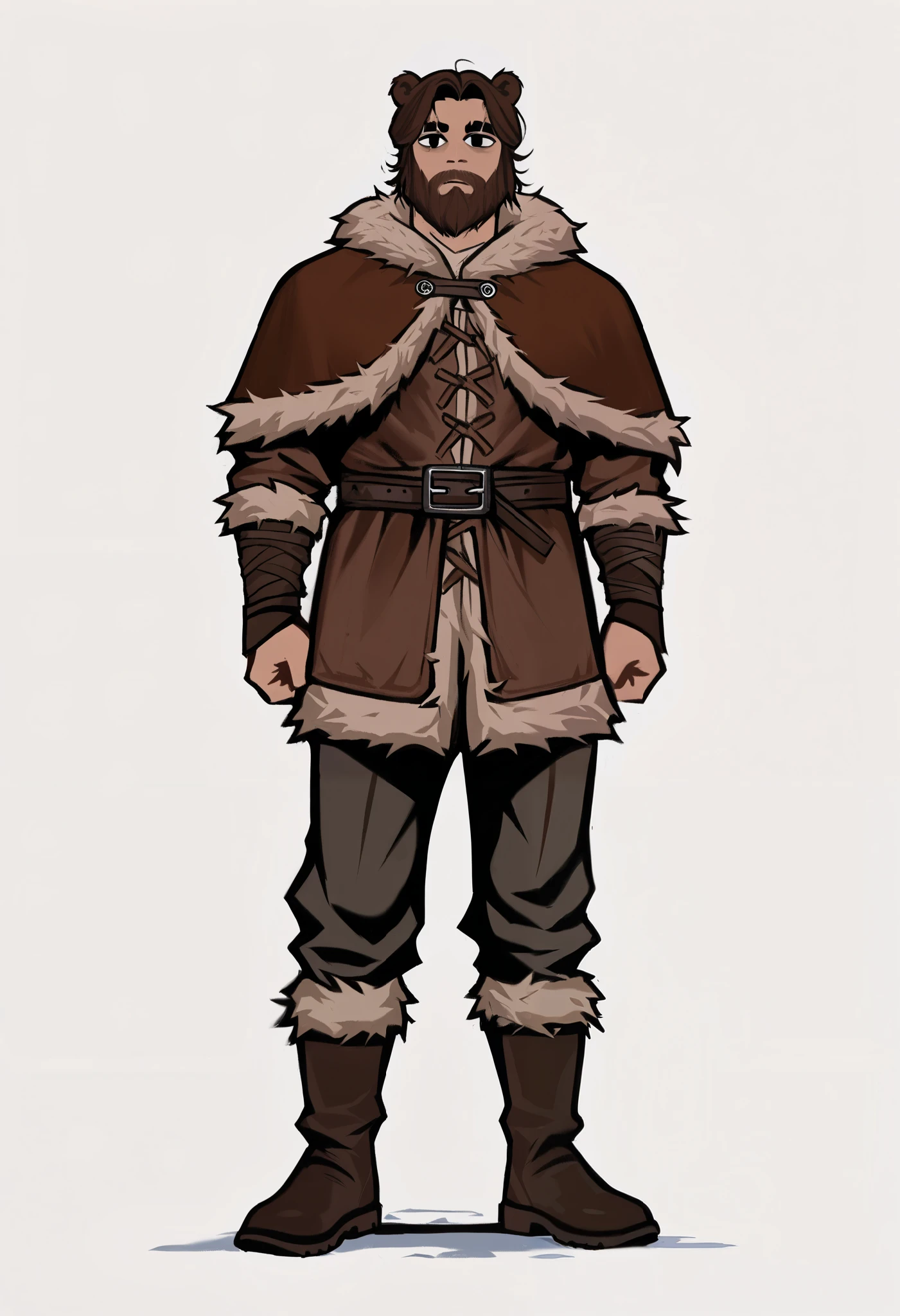 1boy, beard, standing, muscular, solo, veyonisLORA, bear boy, kemonomimi, bear ears, brown hair, black eyes, empty eyes, white pupils, outlines, viking, shirt, capelet, fur trim, boots, pants, winter clothes, masterpiece, best quality, 8k, highres, detailed, sharp focus, white background, full body, score_9_up, score_8_up, score_7_up