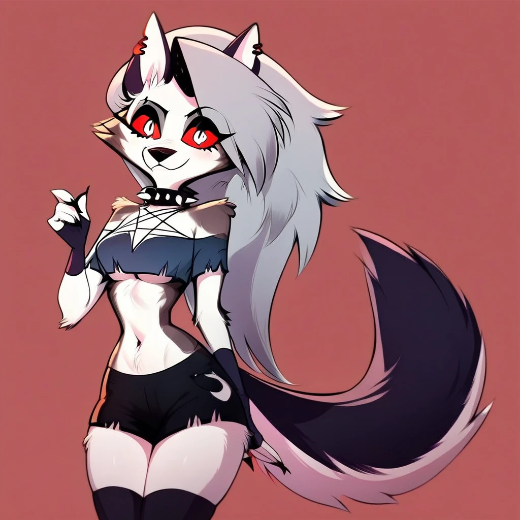 \(helluva boss\), colours, cartoon style, seductive, loona, hellhound, loona crop top, off-shoulder shirt, claws, fingerless gloves, torn clothes, thigh highs, 1girl, 1girl solo, 1girl, solo, furry, tail, animal ears, wolf girl, furry female, red eyes, 1girl, solo, furry, tail, animal ears, wolf girl, spikes, wolf tail, furry female, red eyes, seductive, 1girl, seductive