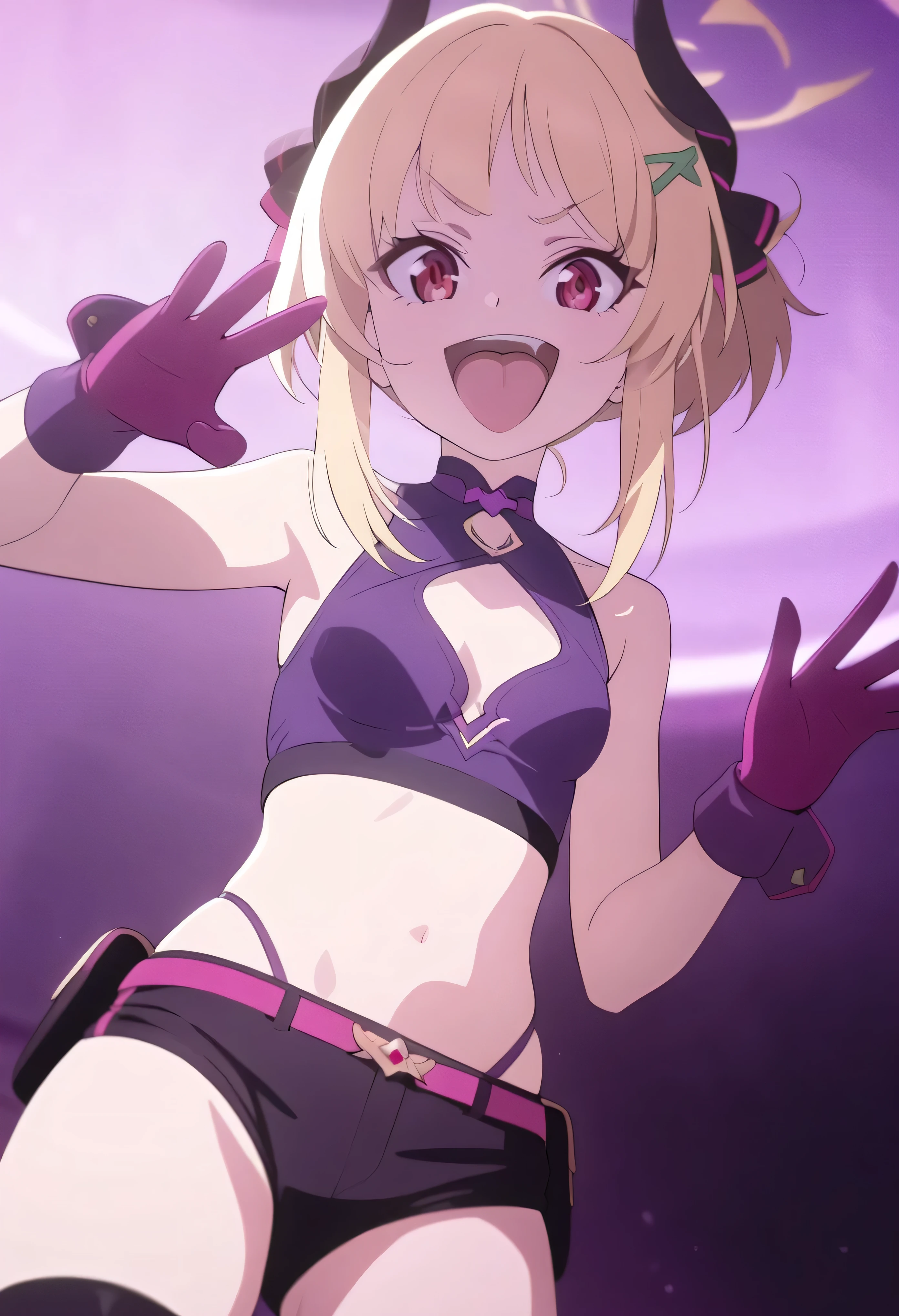 masterpiece, best quality, good quality, newest, CEL, AnFit, red eyes, blonde hair, purple crop top, 1girl, tongue out, black thighhighs, looking at viewer, purple gloves, cowboy shot, short shorts, black shorts, small breasts, highleg panties, hair ornament, purple background, underwear, hand up, panty straps, smile, cleavage cutout, simple background, open mouth, purple panties, two-tone background, pink gloves, sidelocks, outline1girl, blonde hair,masterpiece , best quality, , lookin under, ,, smile, purple brassiere, from below,evil laugh, small girl,small loli,beautiful body,villain pose,short hair,shaded face(eyes in shadow),1girl,